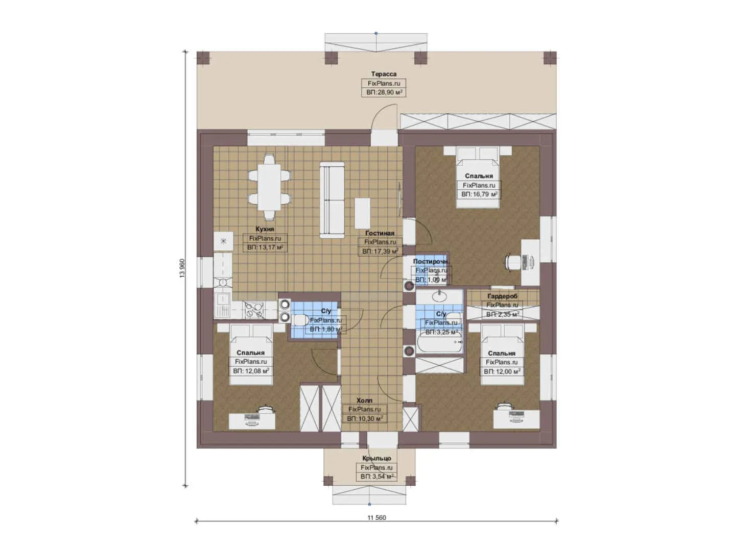 F-14516 - План одноэтажного дома 12 на 14, площадью 130 м² с террасой и 3 спальнями