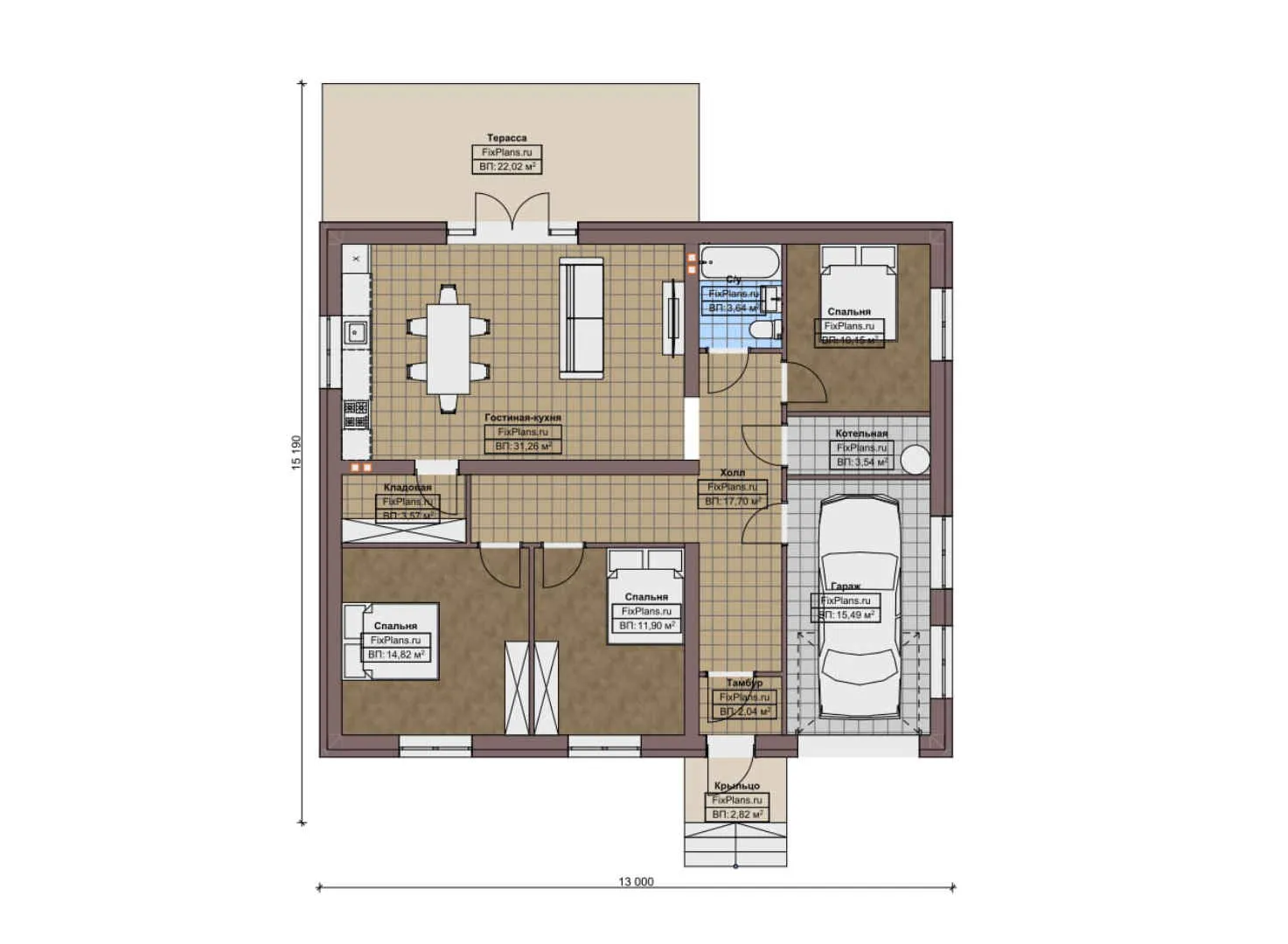 F-11195 - План одноэтажного дома 13 на 16, площадью 140 м² с террасой, гаражом на 1 машину и 3 спальнями