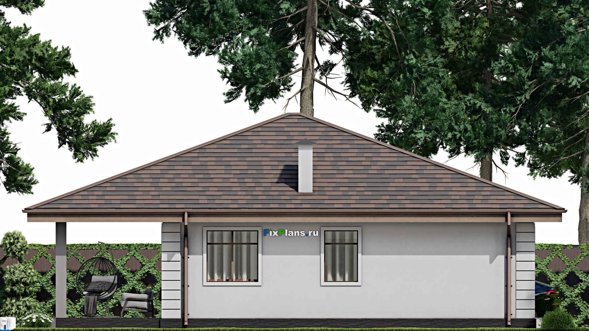 F-12140 - Проект одноэтажного дома 14 на 14, площадью 150 м² с террасой и 3 спальнями