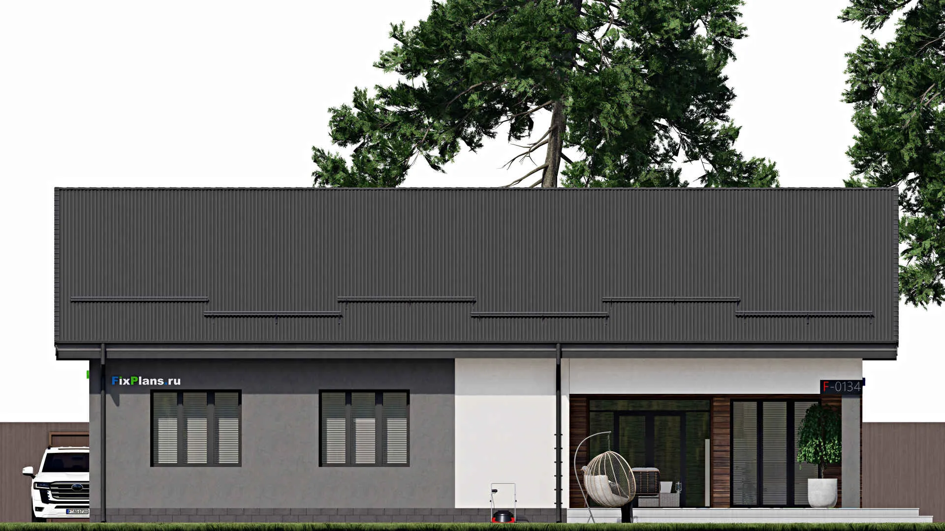 F-0134 - План одноэтажного дома 13 на 17, площадью 200 м² с террасой и 4 спальнями