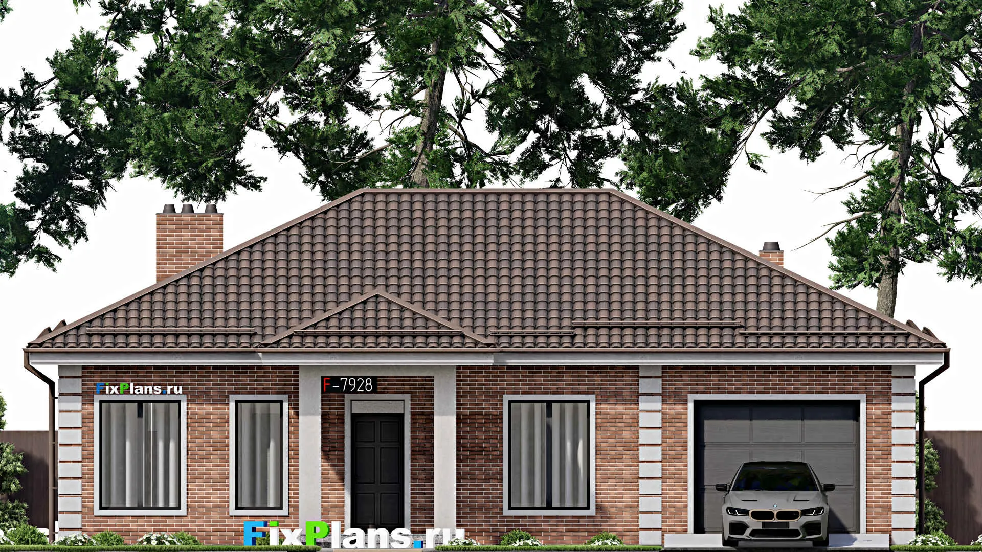 F-7928 - Проект одноэтажного дома 11 на 16, площадью 140 м² с баней, гаражом на 1 машину и 3 спальнями