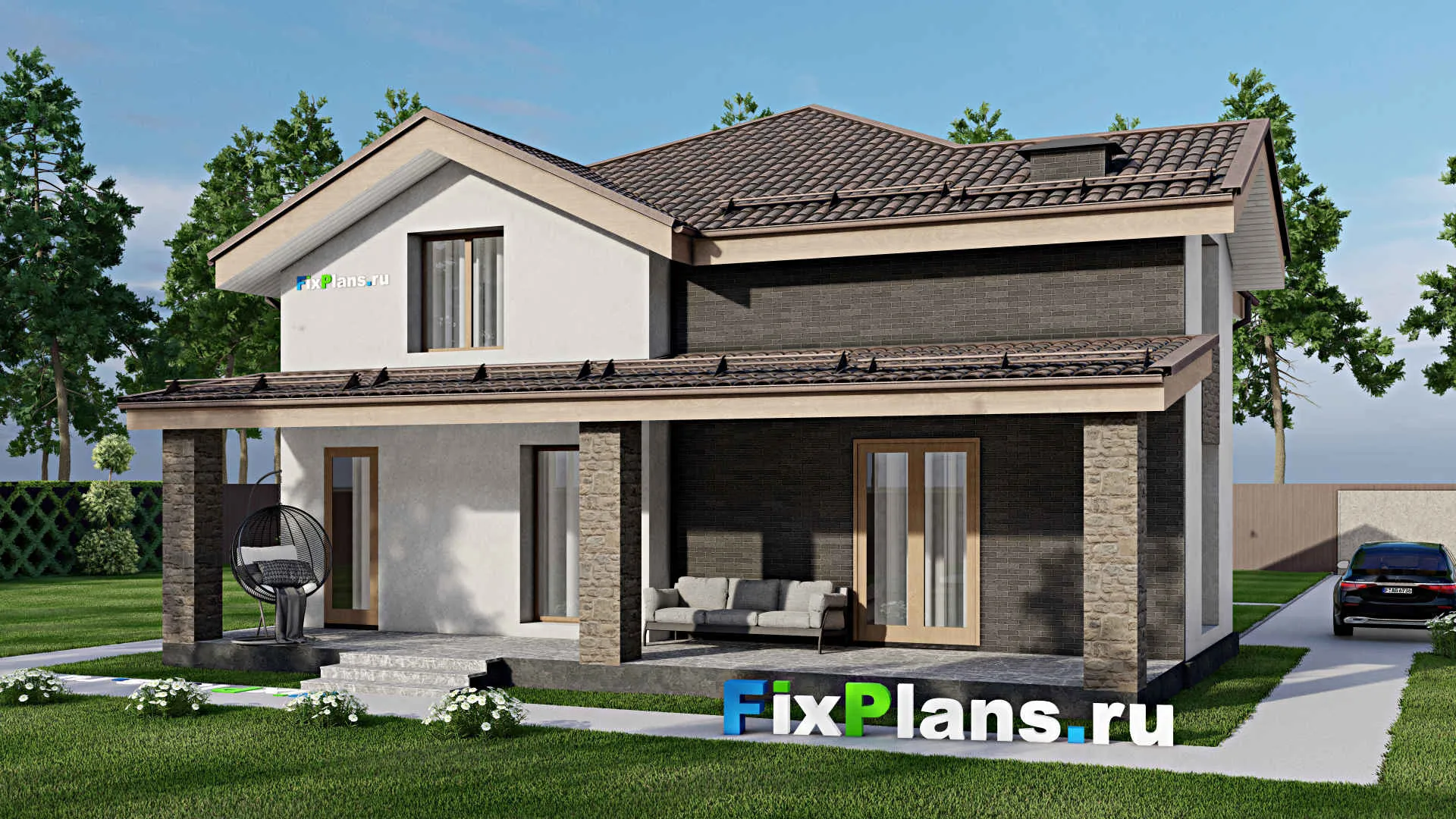 F-6794 - Проект дома с мансардой 13 на 13, площадью 200 м² с террасой, балконом и 4 спальнями