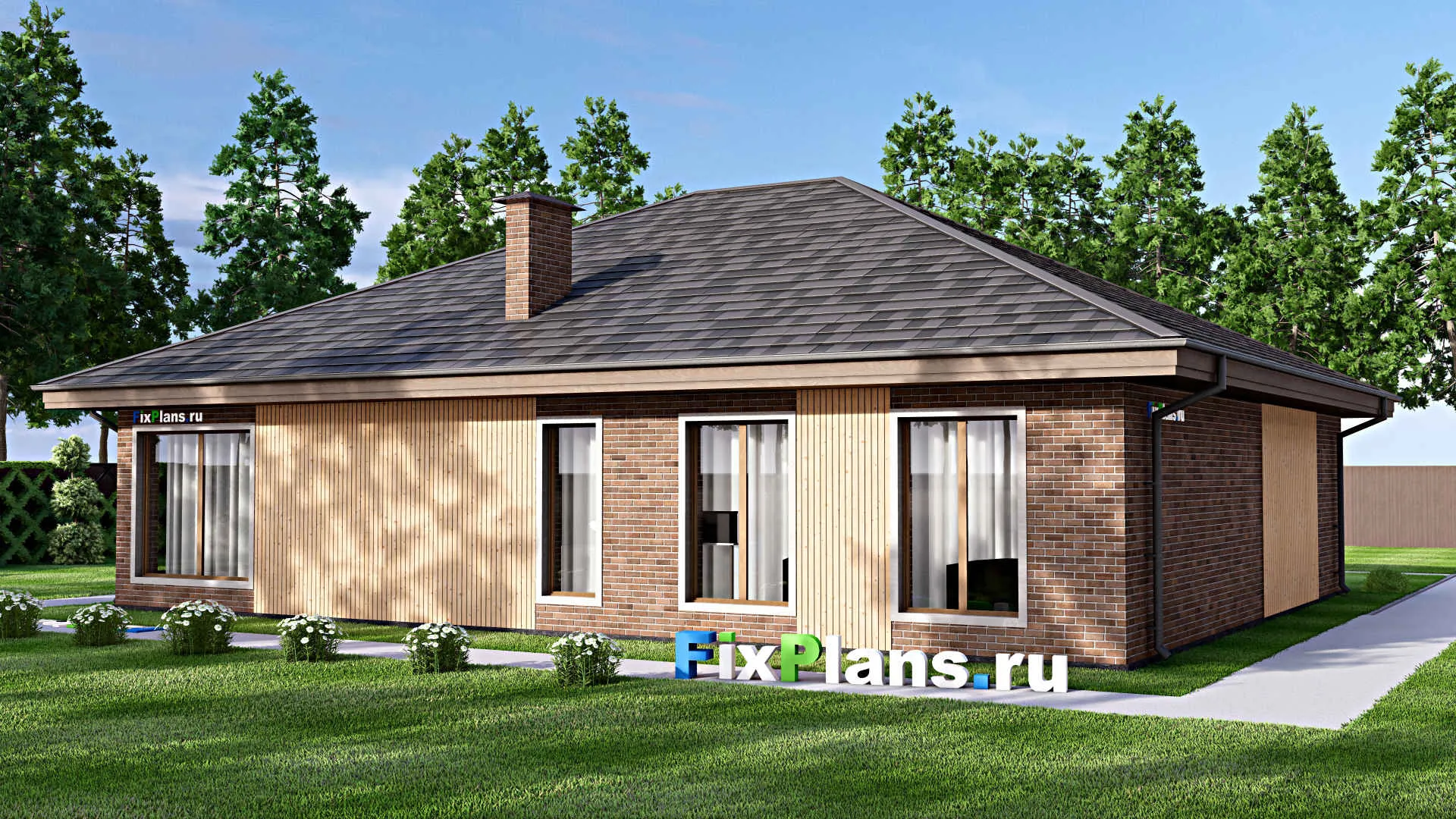 F-14669 - Проект одноэтажного дома 15 на 16, площадью 310 м² с террасой, цокольным этажом и 4 спальнями