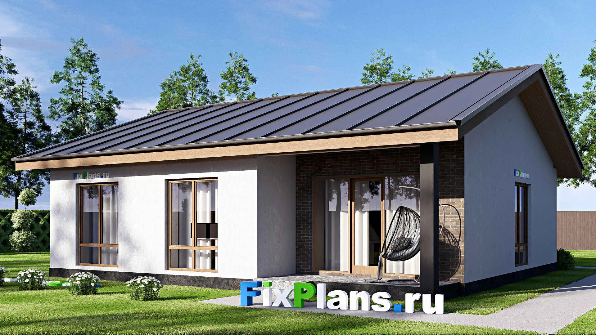 F-18629 - Проект одноэтажного дома 12 на 13, площадью 110 м² с террасой и 3 спальнями