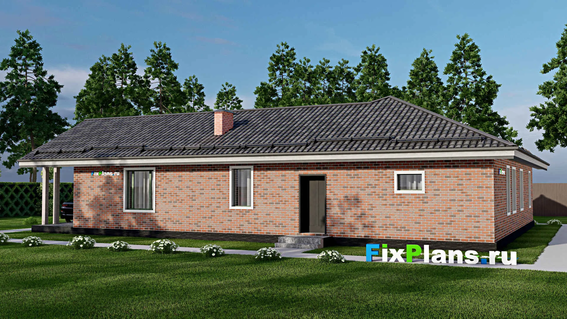 F-12302 - Проект одноэтажного дома 16 на 21, площадью 190 м² с террасой, баней и 3 спальнями