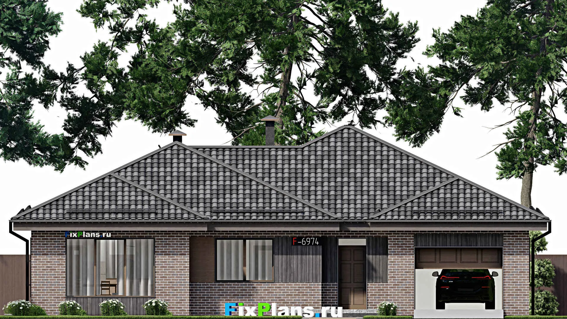 F-6974 - План одноэтажного дома 17 на 17, площадью 200 м² с террасой, гаражом на 1 машину и 4 спальнями