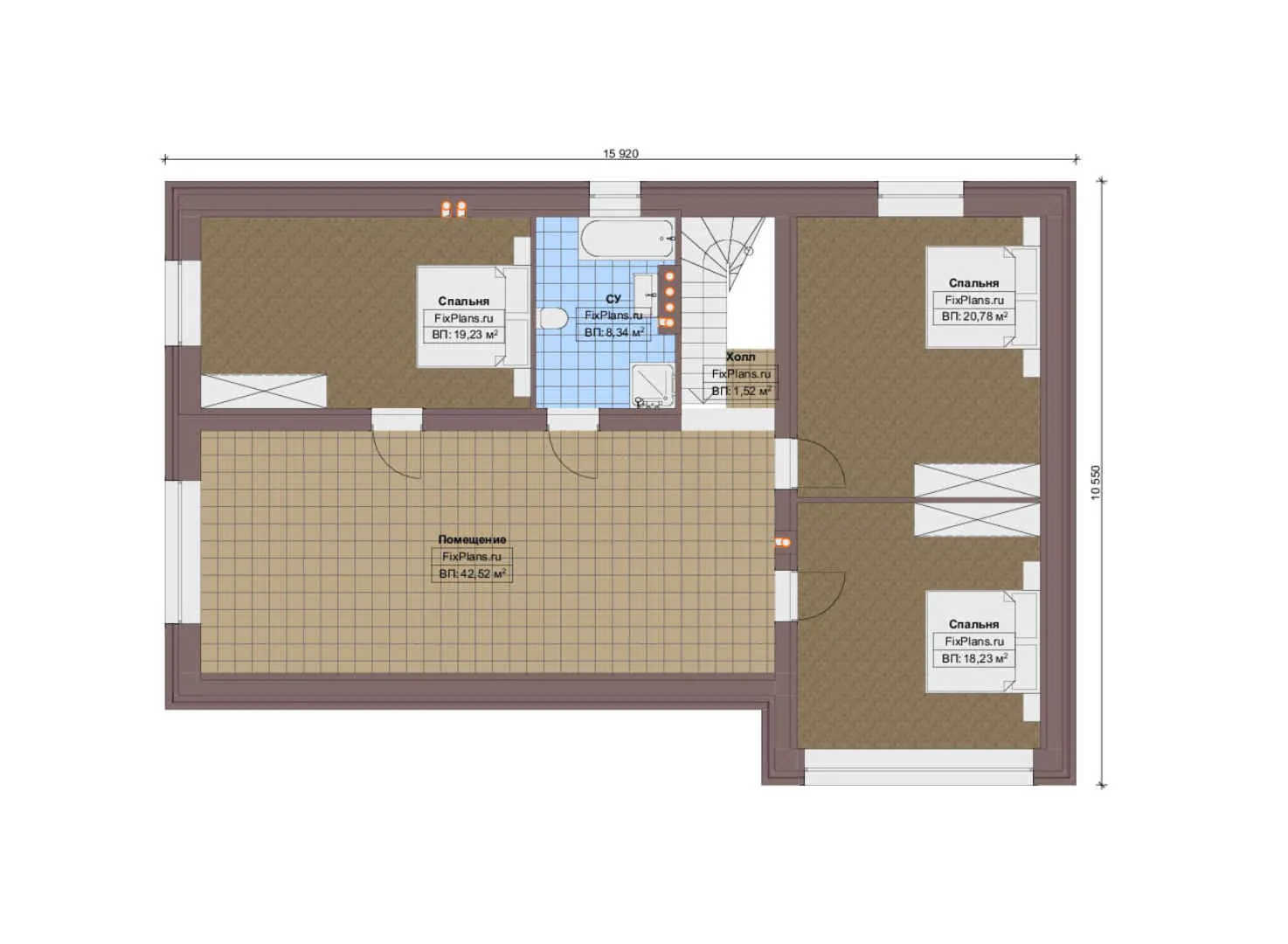 F-19664 - Планы дома с мансардой 11 на 18, площадью 250 м² с террасой, гаражом на 1 машину и 5 спальнями