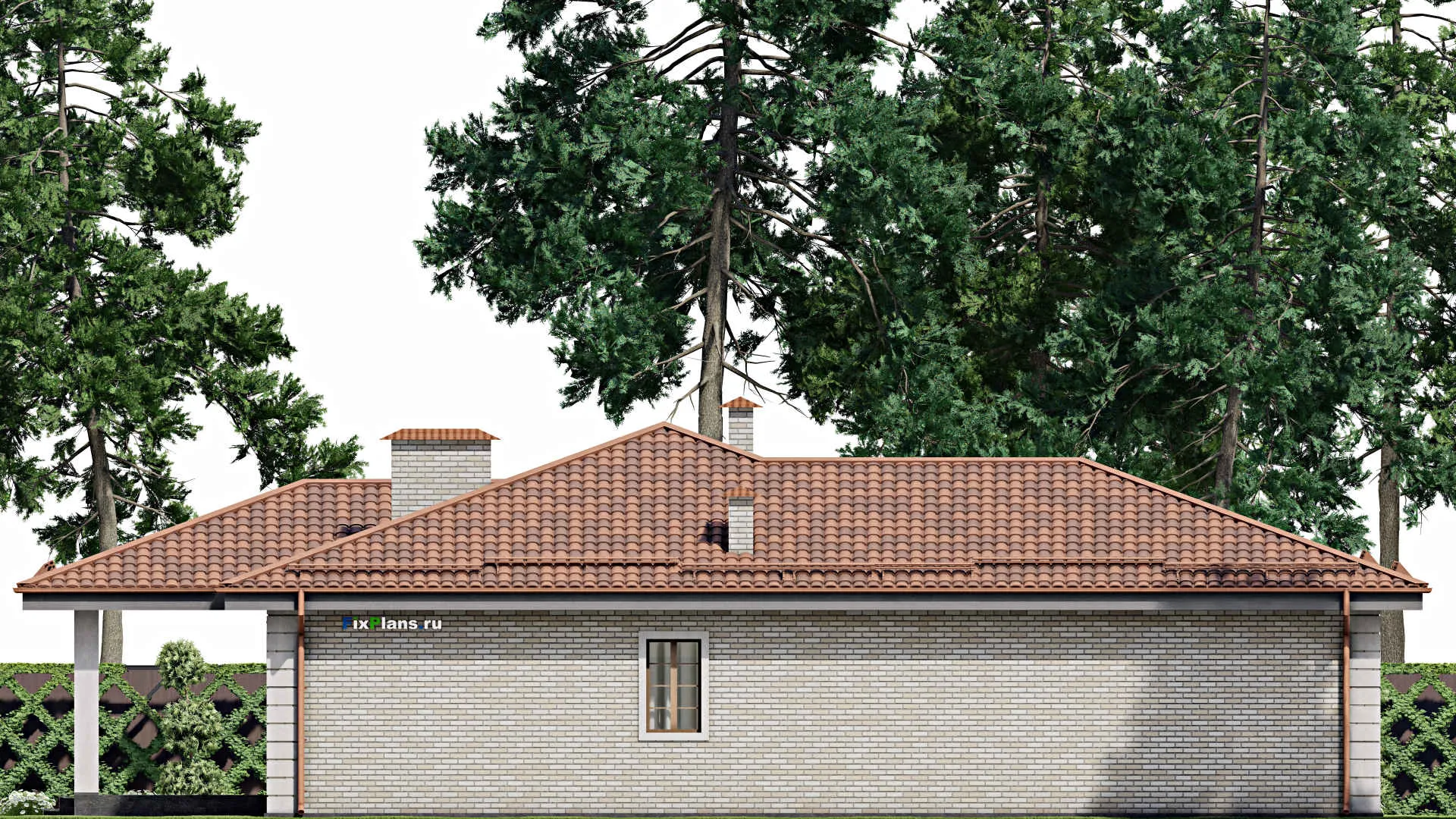 F-9863 - План одноэтажного дома 19 на 21, площадью 270 м² с террасой, цокольным этажом, баней, гаражом на 2 машины и 3 спальнями