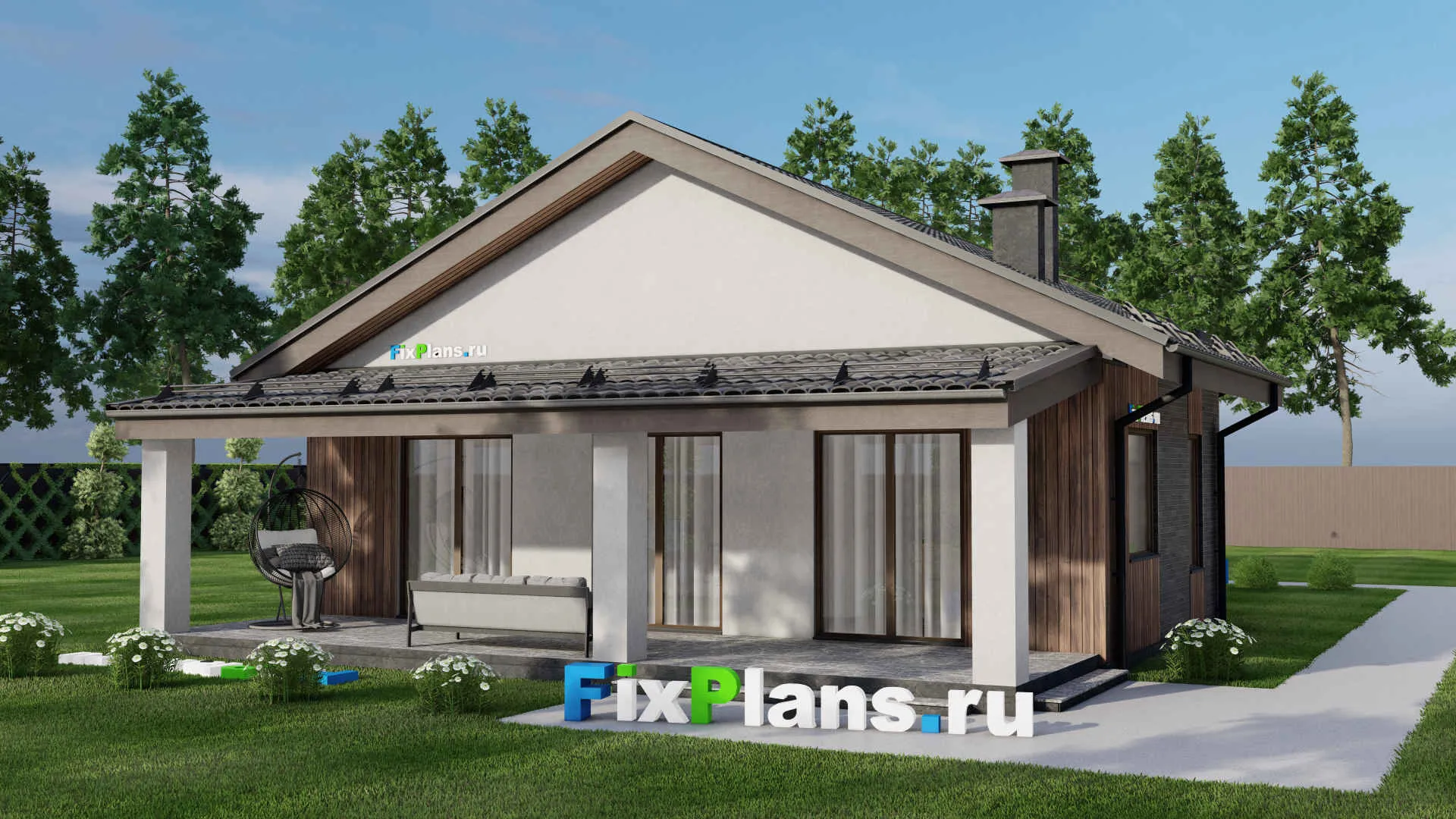 F-6299 - Проект одноэтажного дома 11 на 14, площадью 140 м² с террасой и 3 спальнями