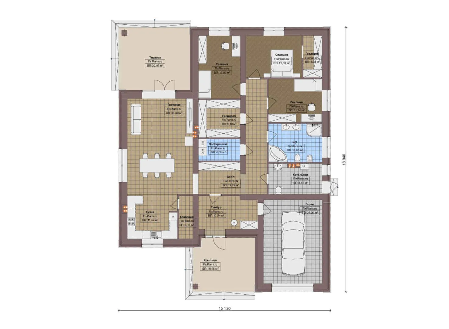 F-15290 - План одноэтажного дома 16 на 19, площадью 220 м² с террасой, гаражом на 1 машину и 3 спальнями