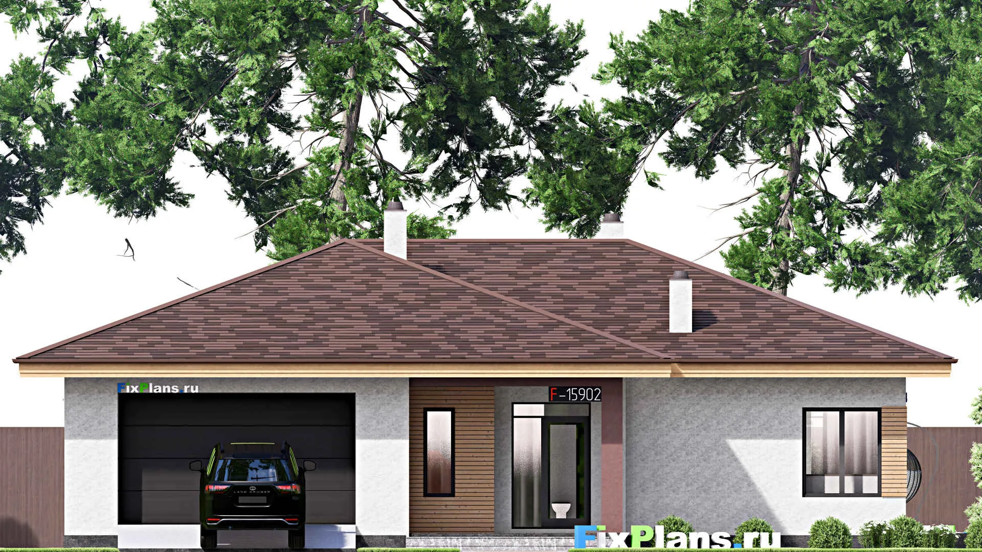 F-15902 - Проект одноэтажного дома 19 на 19, площадью 250 м² с террасой, гаражом на 1 машину и 3 спальнями