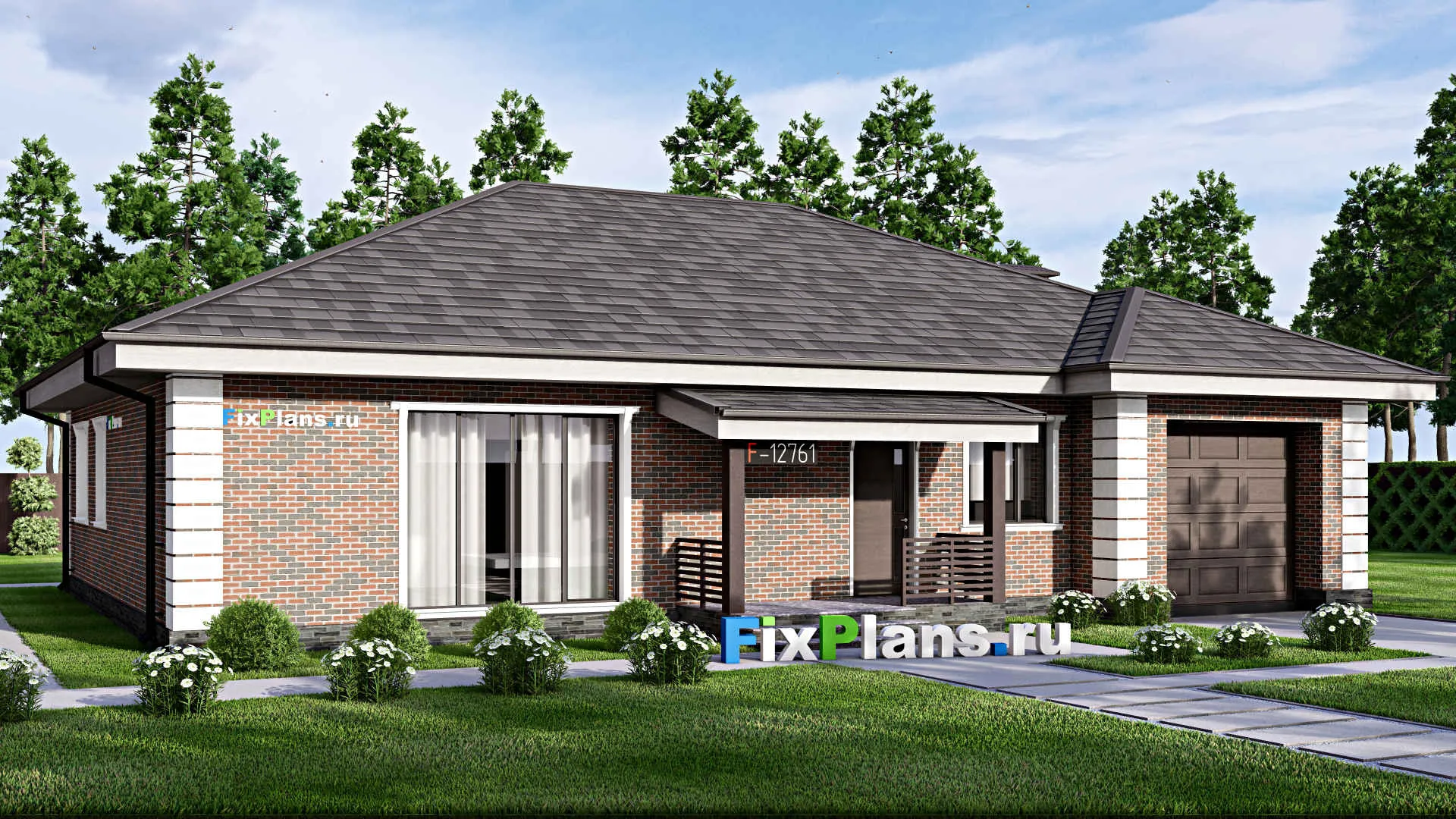 F-12761 - Проект одноэтажного дома 14 на 18, площадью 180 м² с террасой, гаражом на 1 машину и 3 спальнями