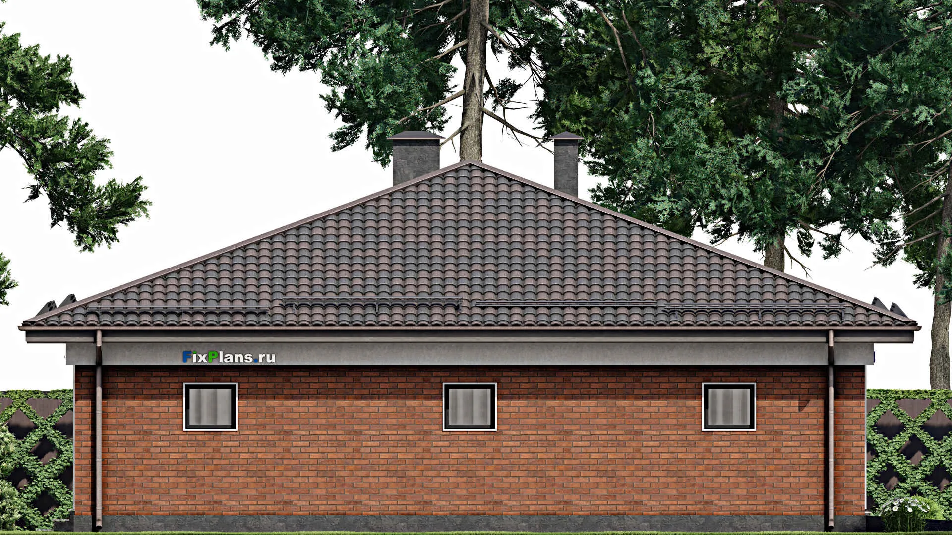 F-6947 - Проект одноэтажного дома 14 на 20, площадью 200 м² с террасой, гаражом на 2 машины и 3 спальнями