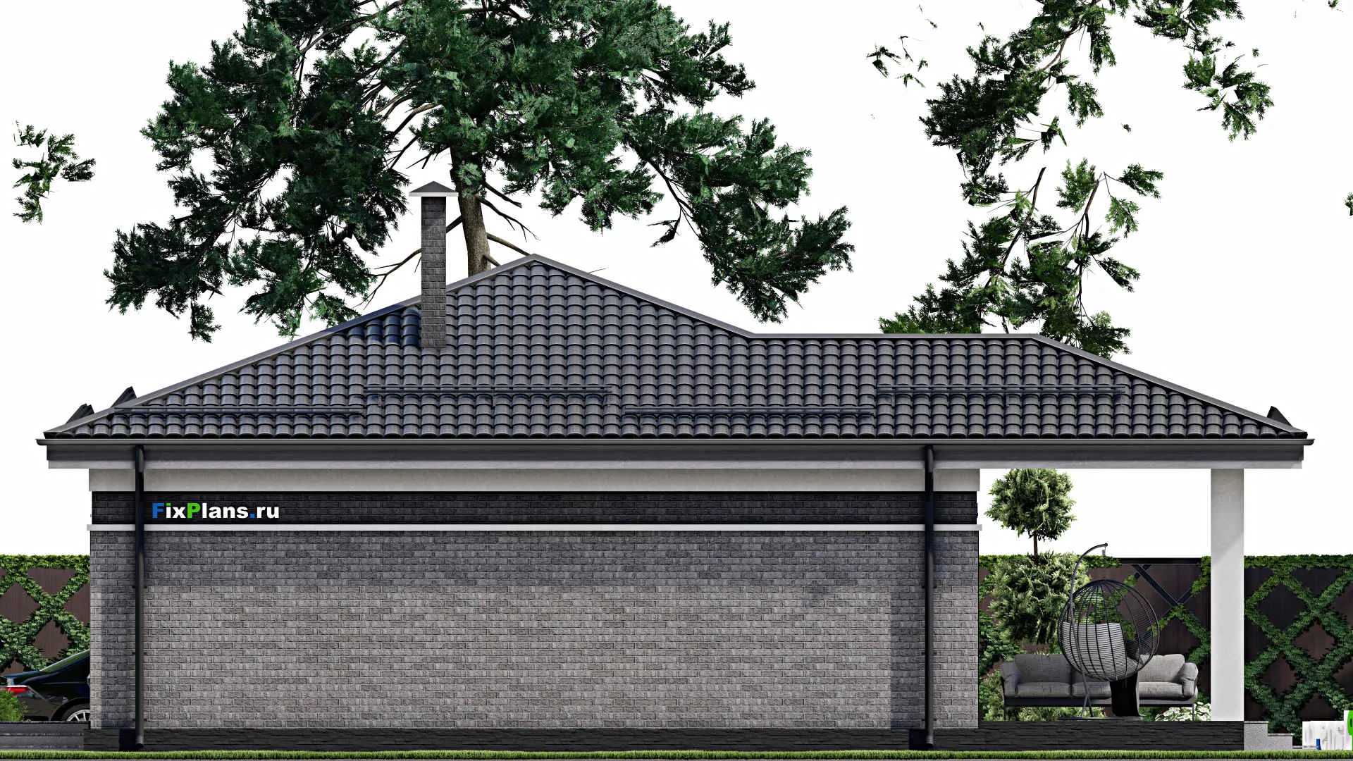 F-2528 - Проект одноэтажного дома 11 на 11, площадью 110 м² с террасой и 3 спальнями