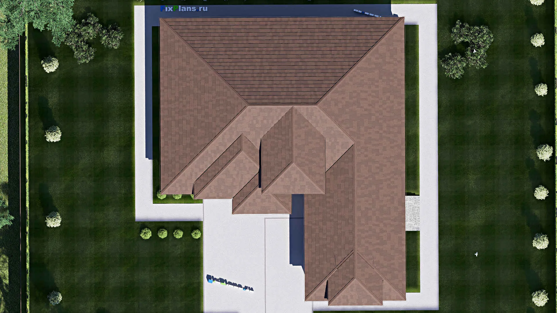 F-17225 - Проект одноэтажного дома 20 на 24, площадью 300 м² с террасой, гаражом на 2 машины и 4 спальнями