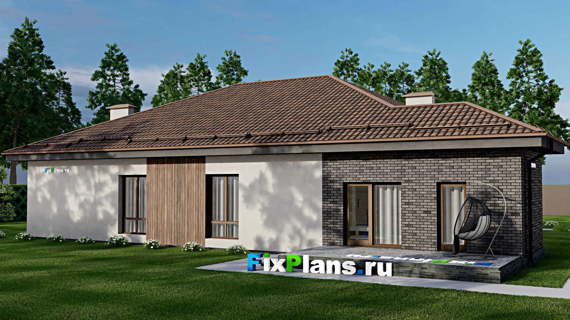 F-5723 - Проект одноэтажного дома 20 на 22, площадью 270 м² с террасой, гаражом на 2 машины и 3 спальнями