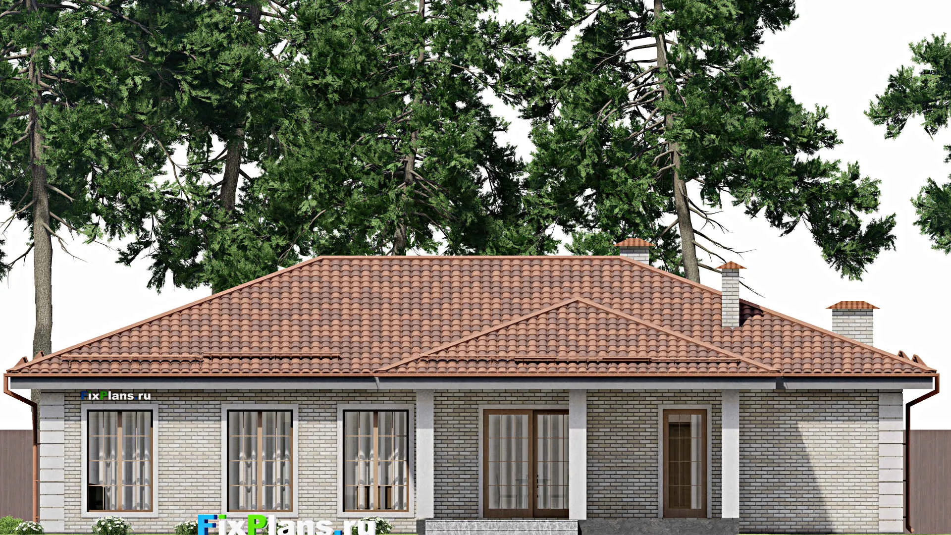 F-9863 - План одноэтажного дома 19 на 21, площадью 270 м² с террасой, цокольным этажом, баней, гаражом на 2 машины и 3 спальнями