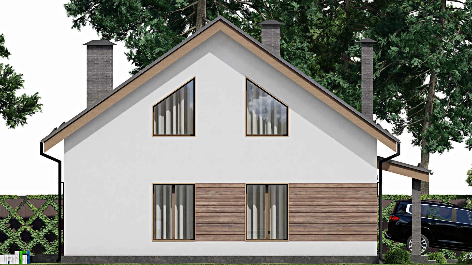 F-9530 - Проект дома с мансардой 14 на 16, площадью 260 м² с балконом, гаражом на 1 машину и 3 спальнями