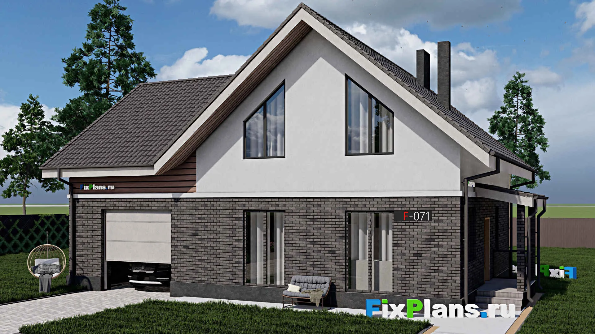 F-0071 - Проект дома с мансардой 10 на 15, площадью 190 м² с балконом, гаражом на 2 машины и 4 спальнями