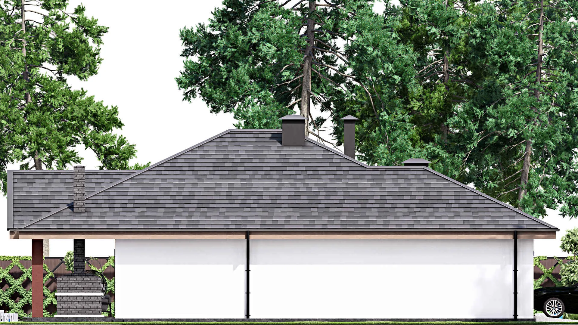 F-12905 - Проект одноэтажного дома 18 на 18, площадью 290 м² с террасой, цокольным этажом, гаражом на 2 машины и 3 спальнями