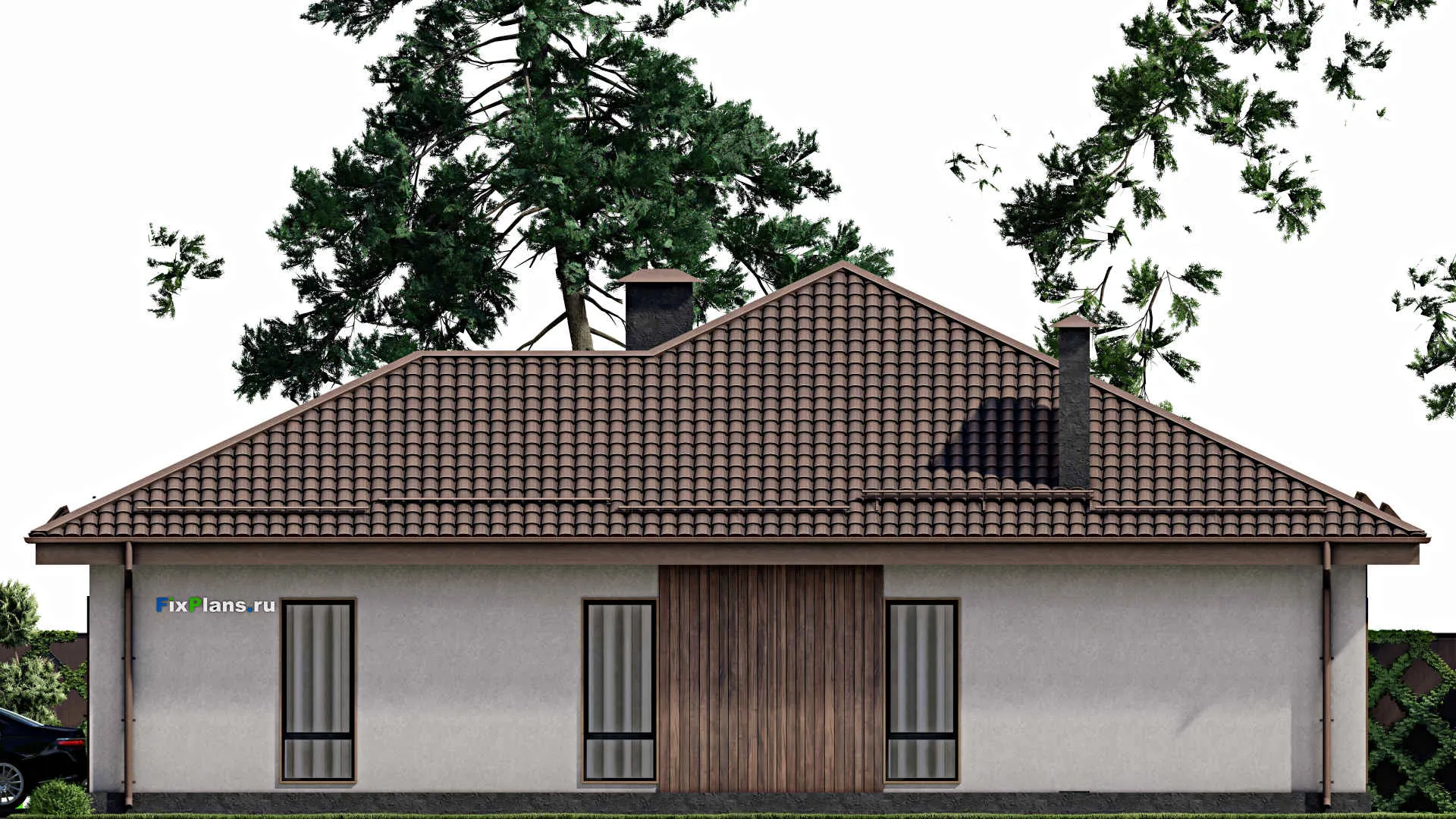 F-7649 - План одноэтажного дома 17 на 18, площадью 220 м² с гаражом на 2 машины и 3 спальнями