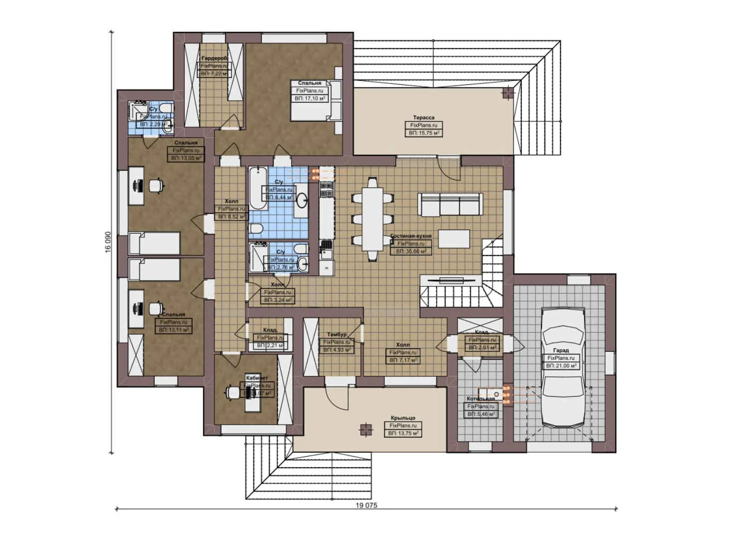 F-8720 - План одноэтажного дома 17 на 20, площадью 360 м² с террасой, цокольным этажом и 3 спальнями