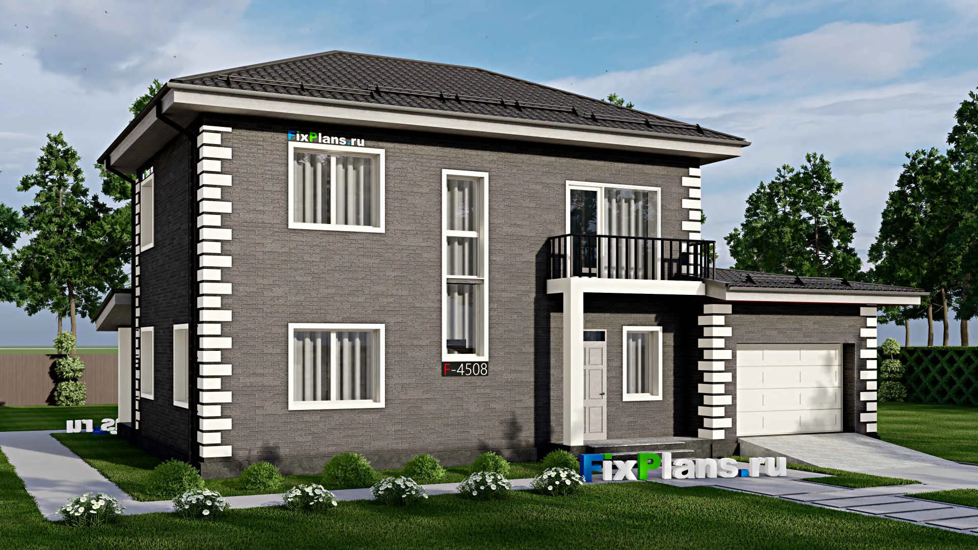 F-4508 - Проект двухэтажного дома 10 на 16, площадью 210 м² с террасой, балконом, гаражом на 2 машины и 3 спальнями