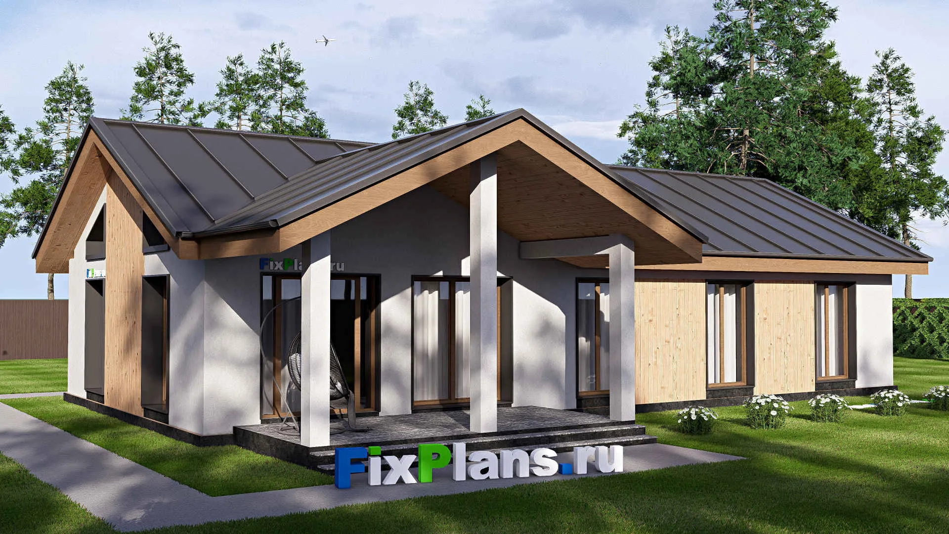 F-19358 - Проект одноэтажного дома 14 на 18, площадью 160 м² с террасой и 5 спальнями