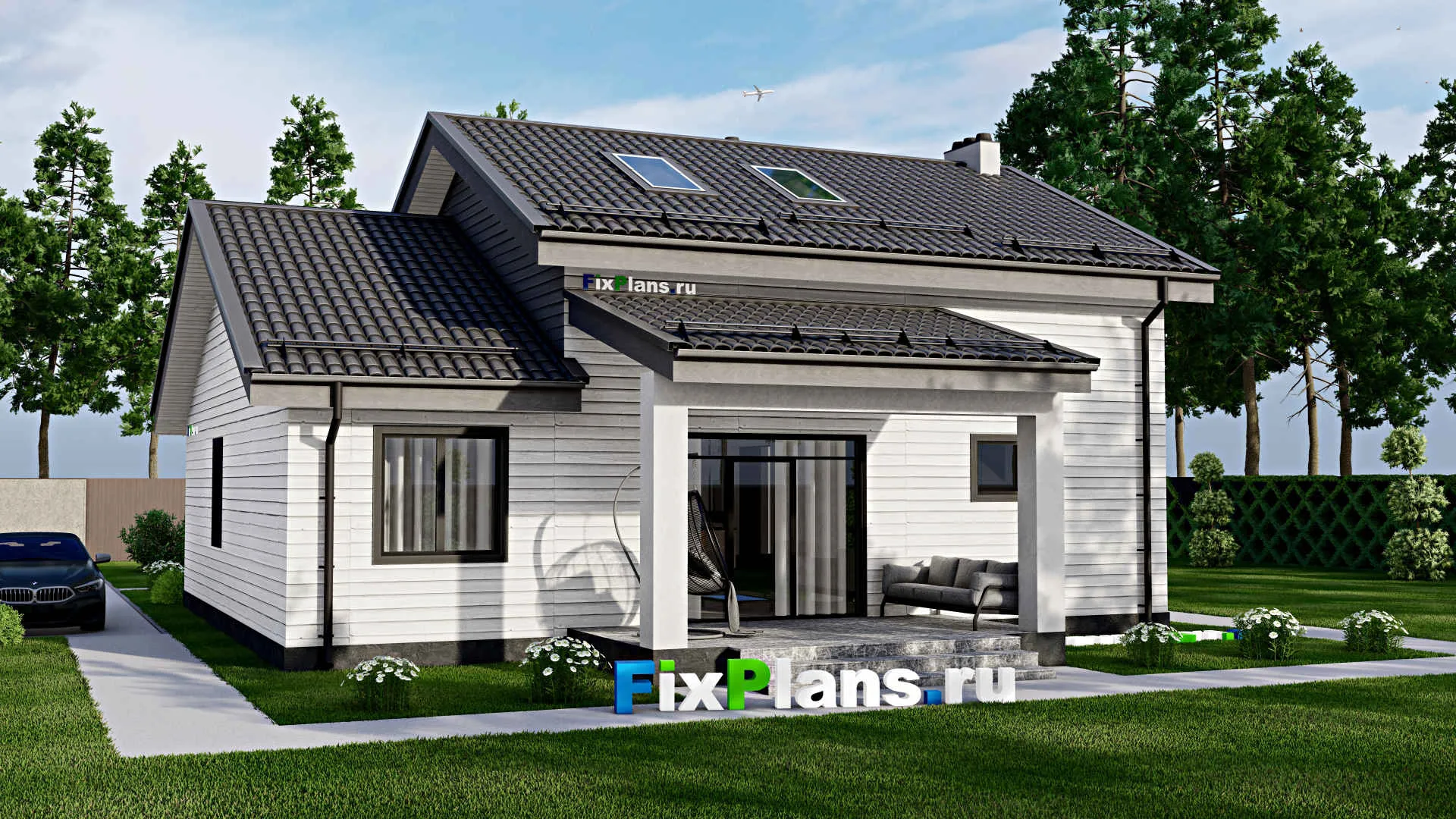 F-3050 - Проект дома с мансардой 12 на 13, площадью 200 м² с террасой и 5 спальнями