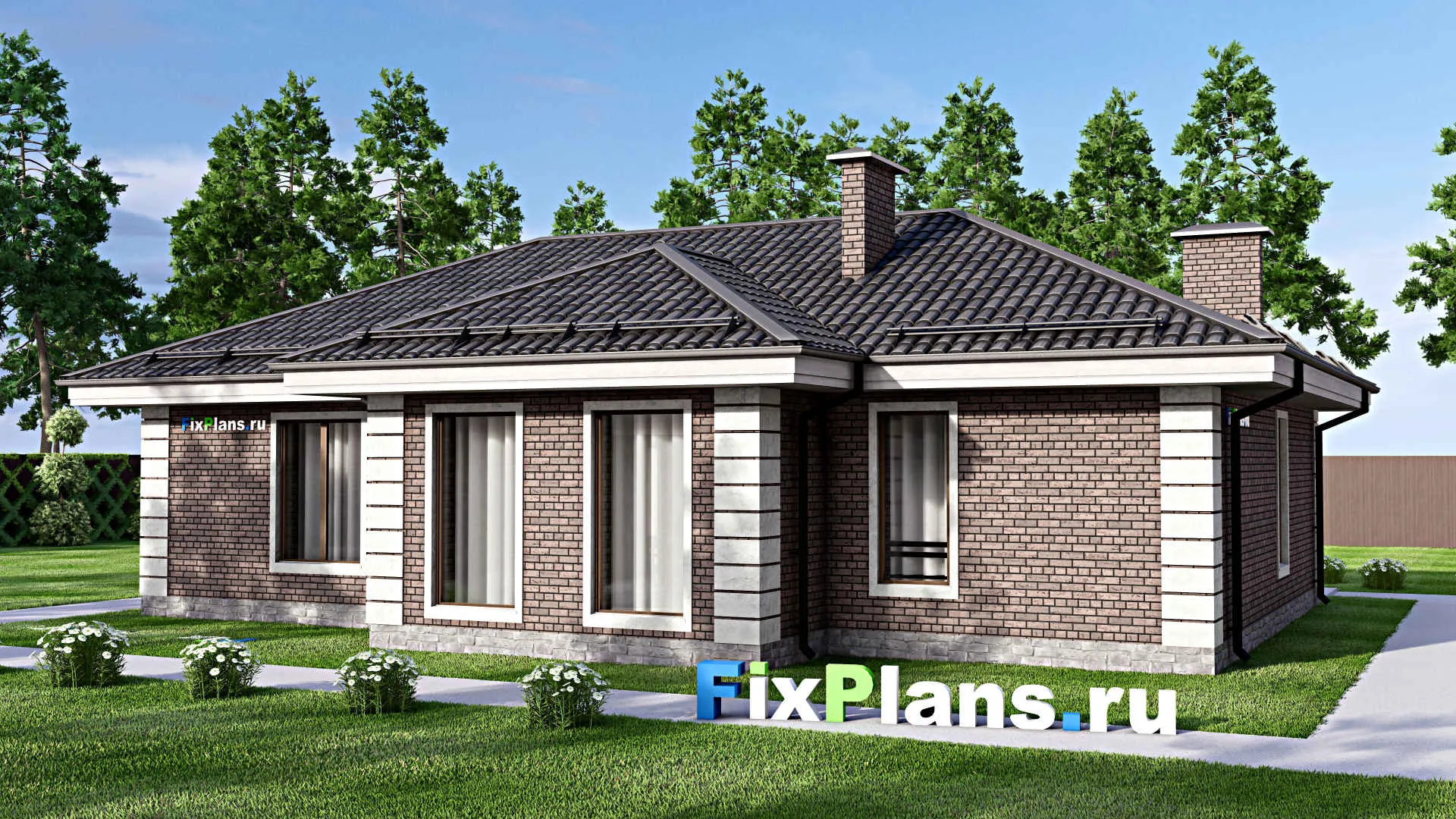 F-14021 - Проект одноэтажного дома 13 на 15, площадью 110 м² с террасой, баней и 3 спальнями