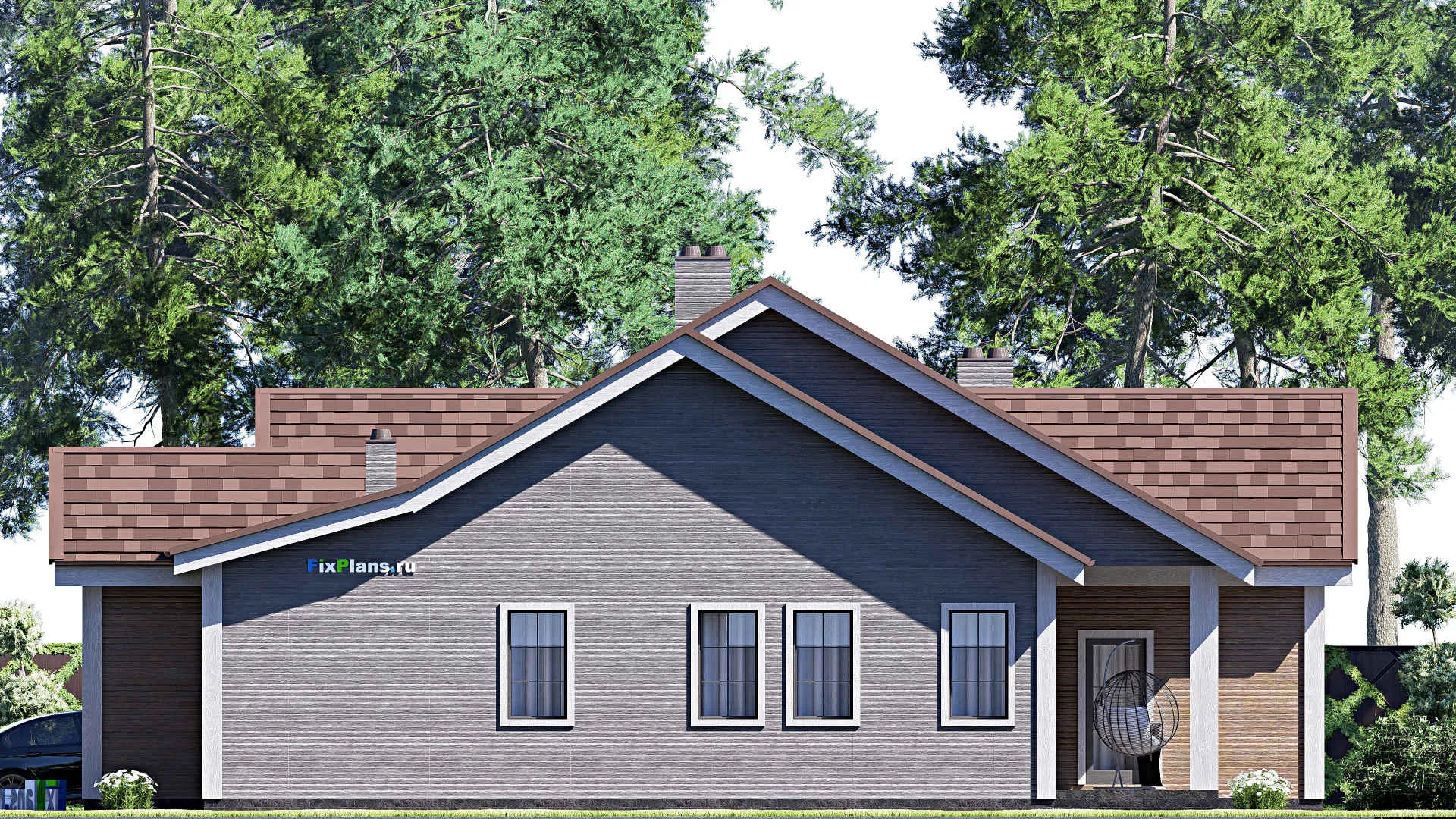 F-17126 - Проект одноэтажного дома 18 на 23, площадью 270 м² с террасой, гаражом на 2 машины и 4 спальнями