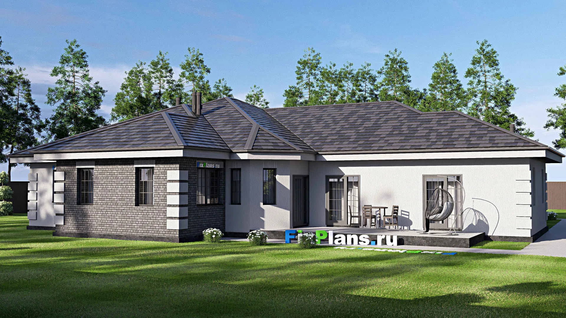 F-19934 - Проект одноэтажного дома 22 на 24, площадью 300 м² с террасой, гаражом на 2 машины и 3 спальнями