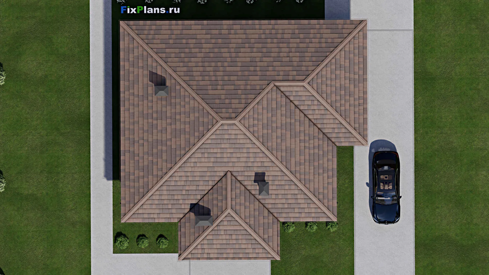 F-9350 - Проект одноэтажного дома 15 на 16, площадью 160 м² с террасой и 3 спальнями