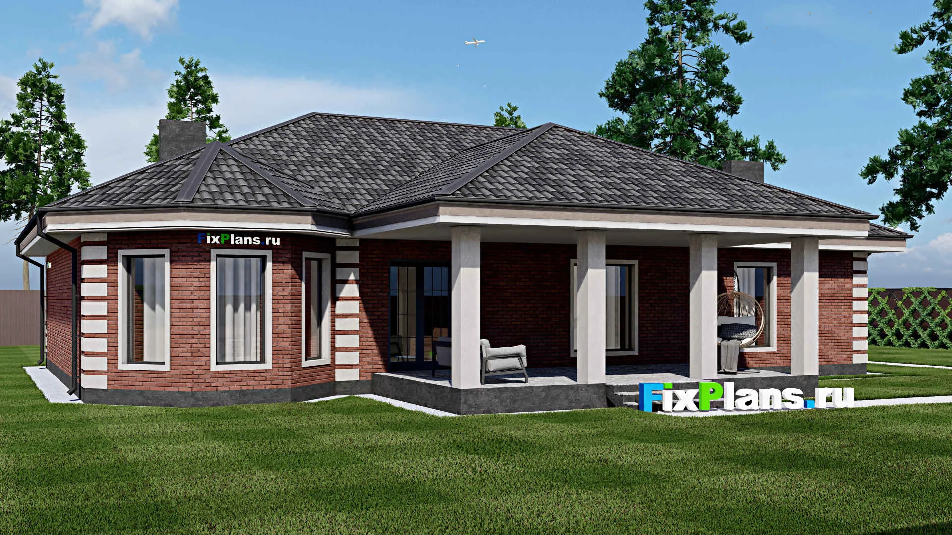 F-1358 - План одноэтажного дома 13 на 20, площадью 240 м² с террасой, гаражом на 1 машину и 2 спальнями