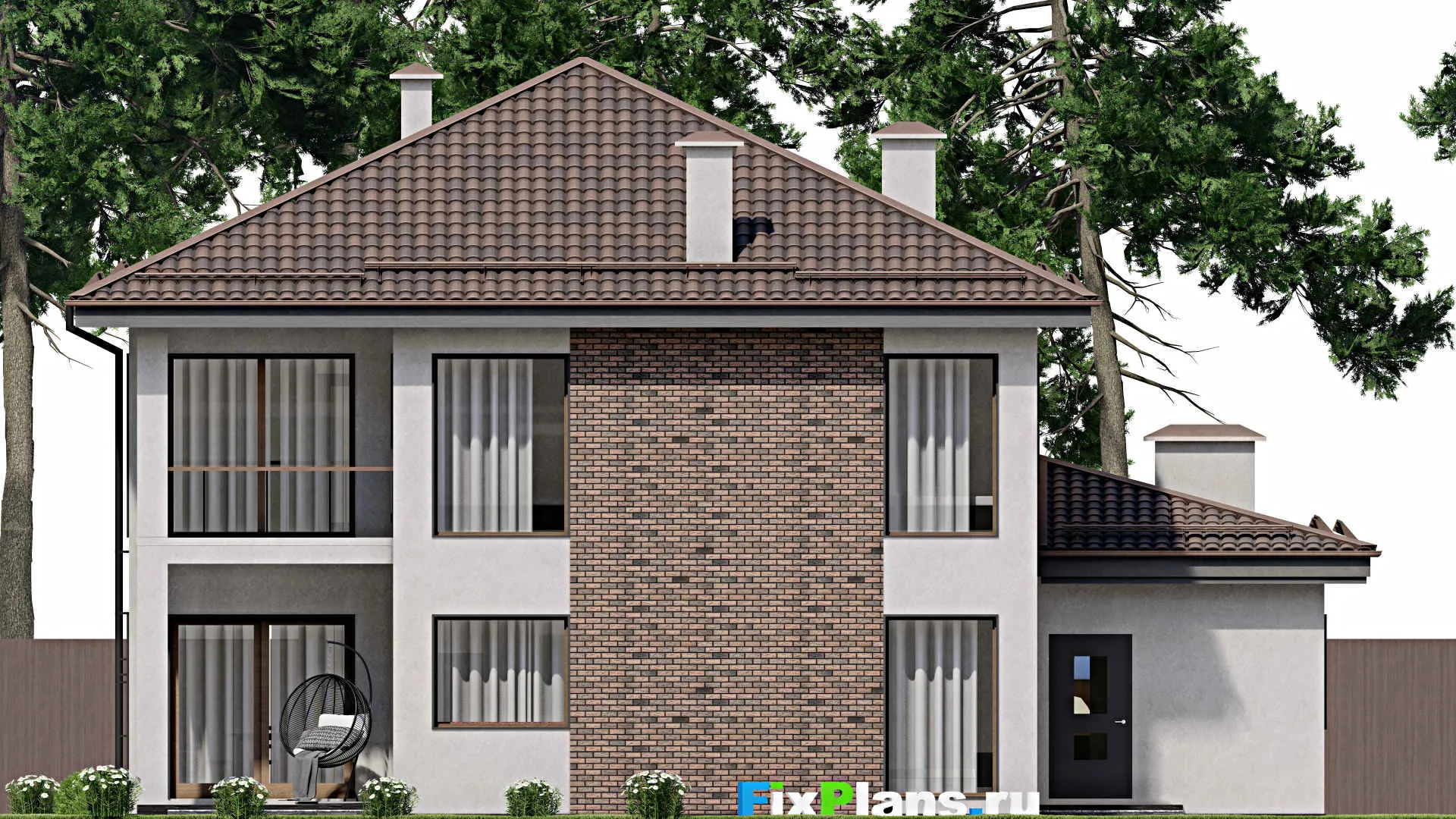 F-10277 - Проект двухэтажного дома 16 на 17, площадью 300 м² с террасой, балконом, баней, гаражом на 2 машины и 5 спальнями