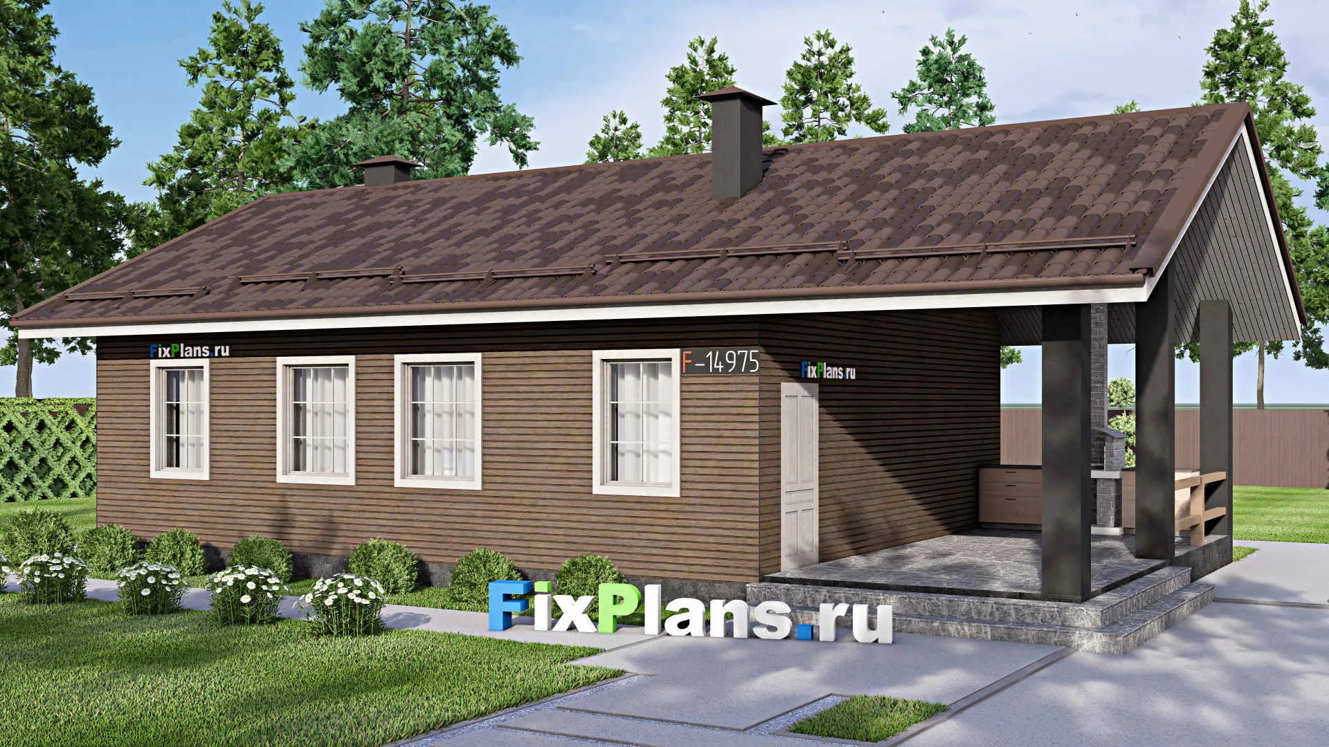 F-14975 - Проект бани 9 на 15, площадью 100 м² с комнатой отдыха, терассой и 2 санузлами