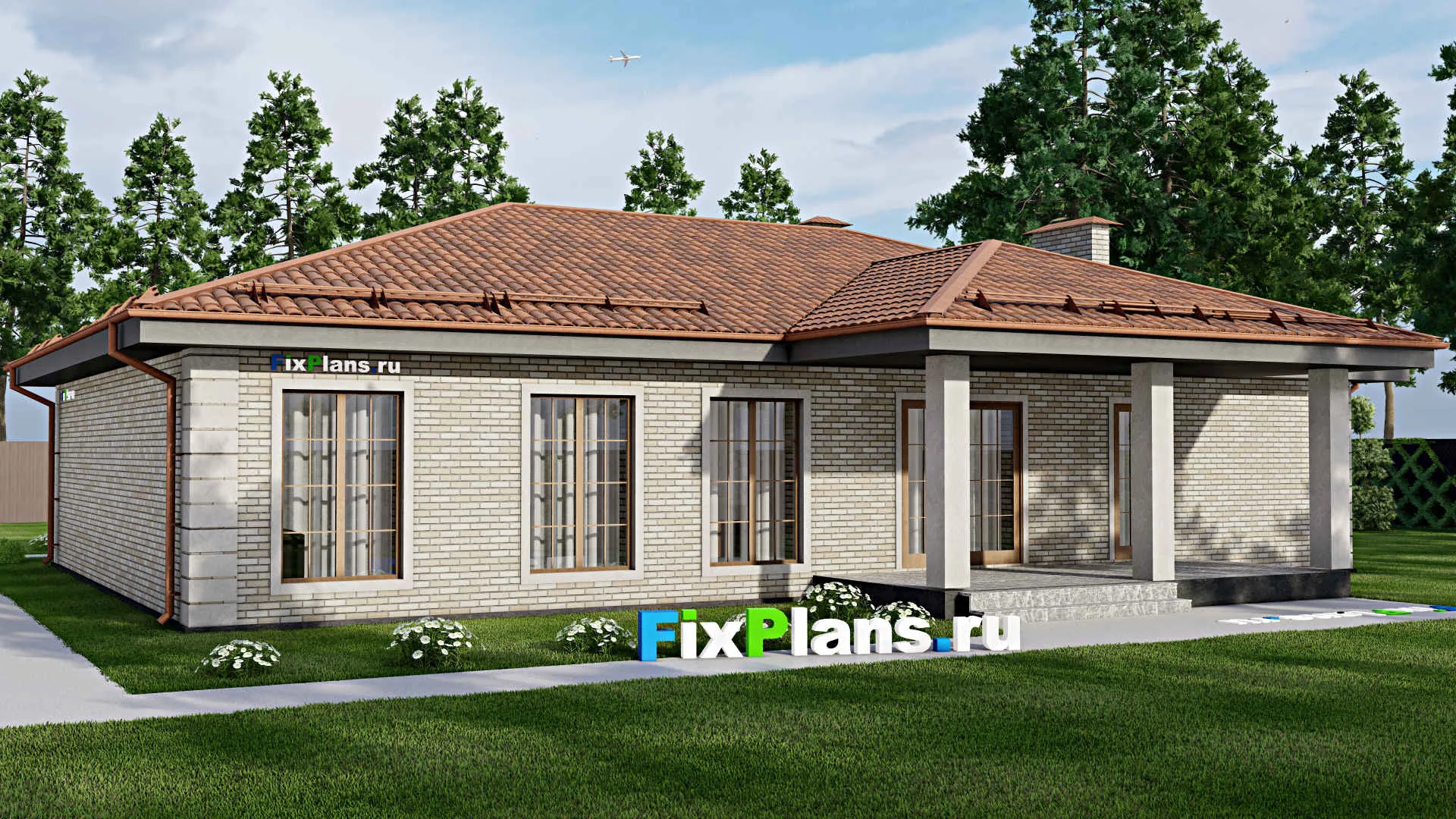 F-9863 - План одноэтажного дома 19 на 21, площадью 270 м² с террасой, цокольным этажом, баней, гаражом на 2 машины и 3 спальнями