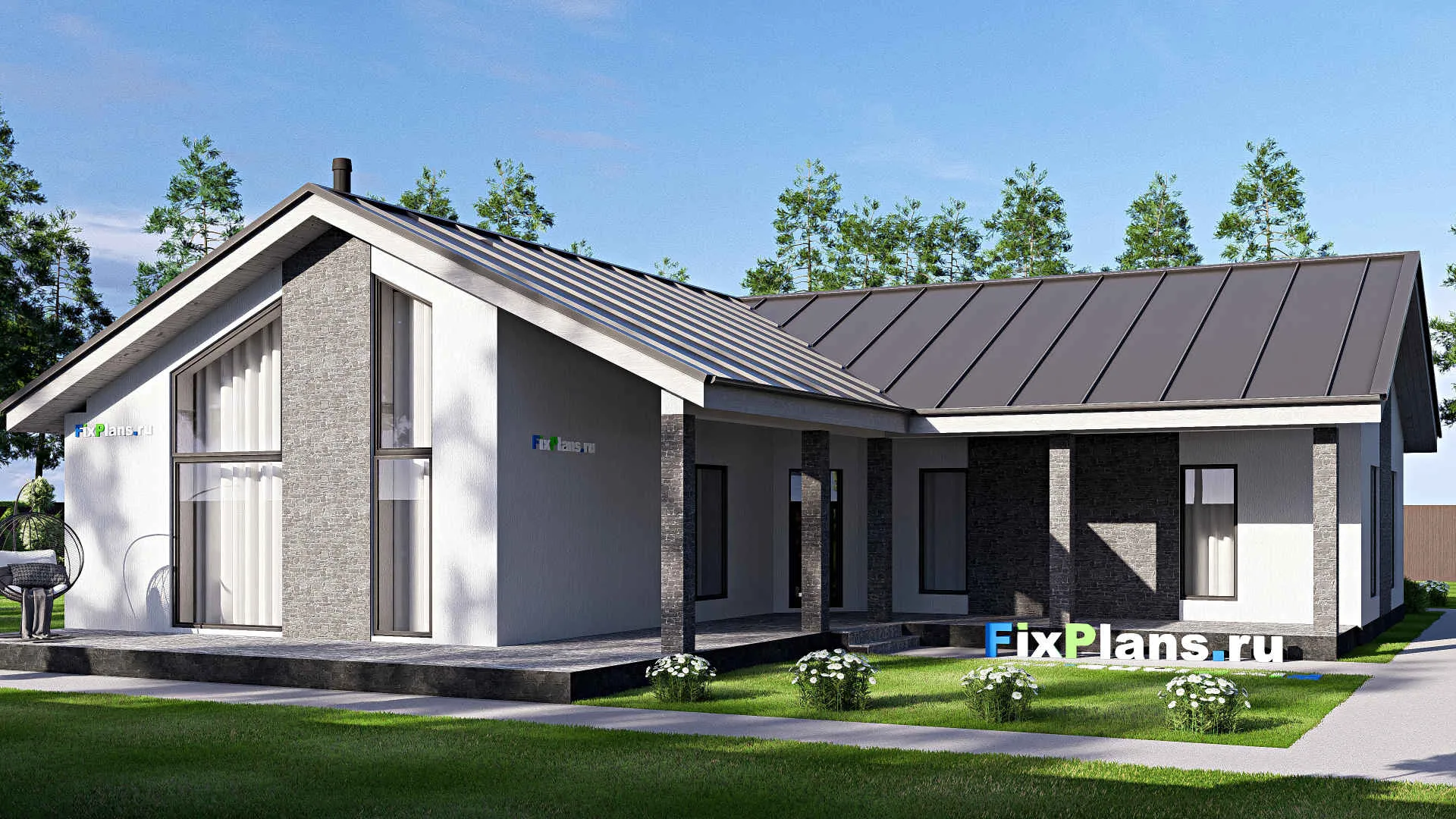 F-20897 - Проект одноэтажного дома 18 на 22, площадью 250 м² с террасой и 3 спальнями