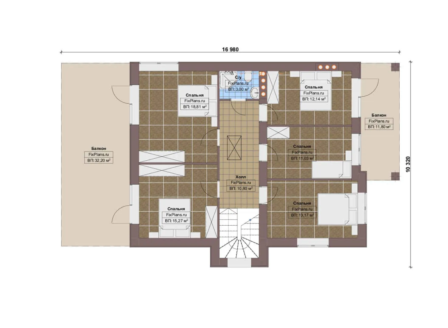 F-17576 - Планы двухэтажного дома 11 на 17, площадью 270 м² с террасой, балконом и 6 спальнями