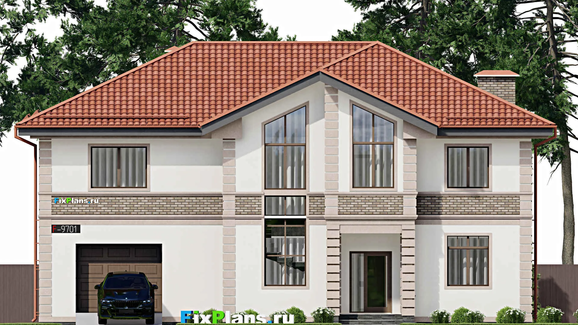 F-9701 - Проект двухэтажного дома 15 на 18, площадью 330 м² с террасой, балконом и 5 спальнями