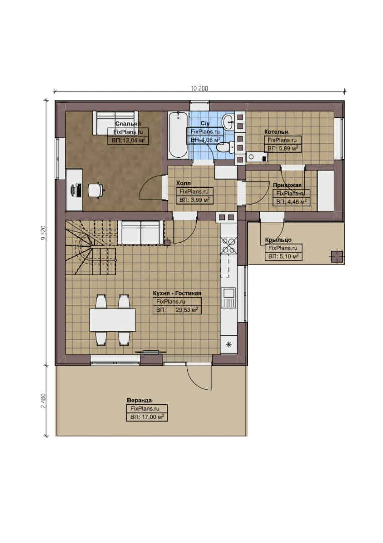 F-1574 - Планы дома с мансардой 10 на 11, площадью 110 м² с террасой и 2 спальнями