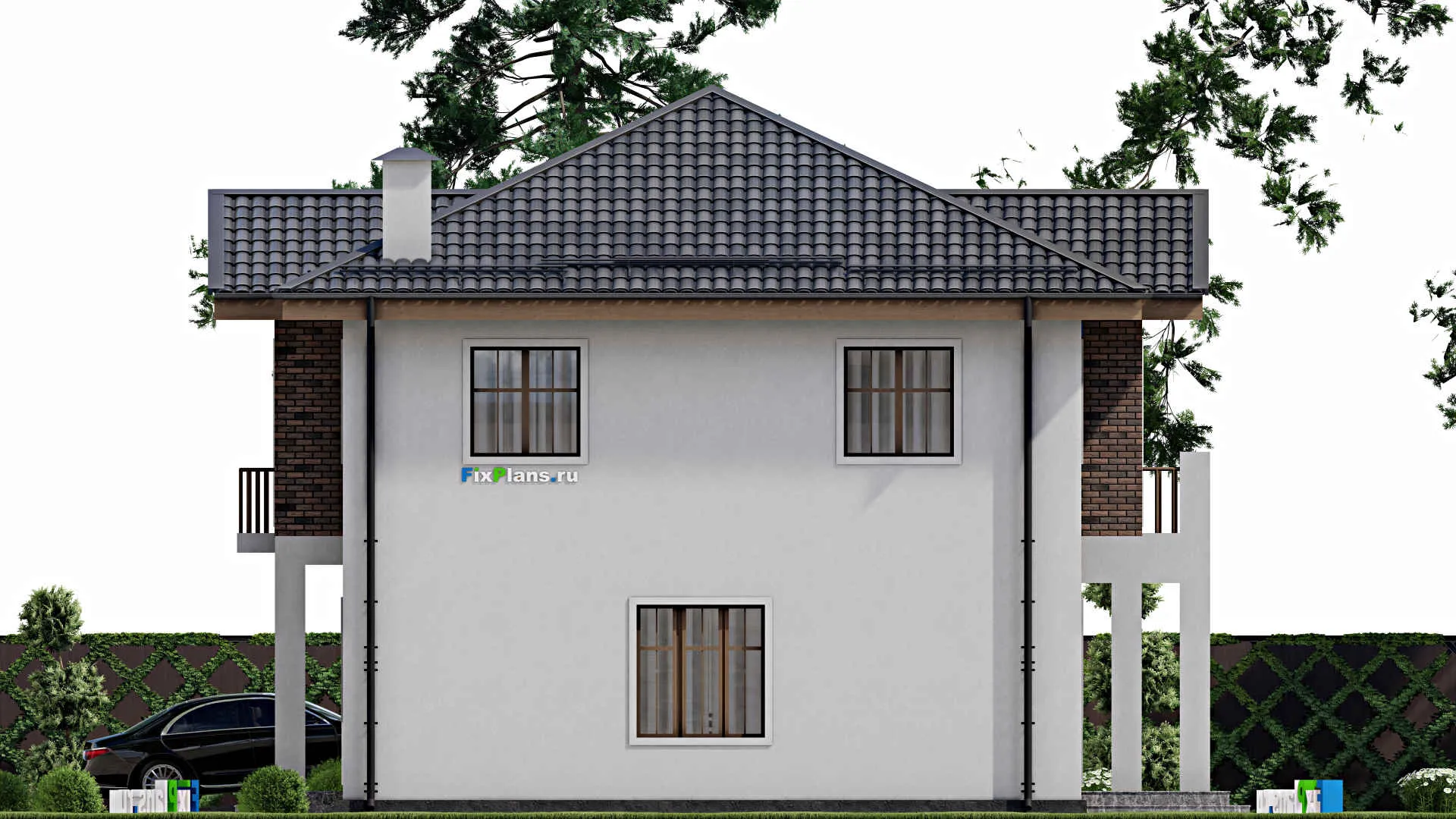 F-12338 - Проект двухэтажного дома 13 на 17, площадью 220 м² с террасой, балконом, гаражом на 2 машины и 3 спальнями