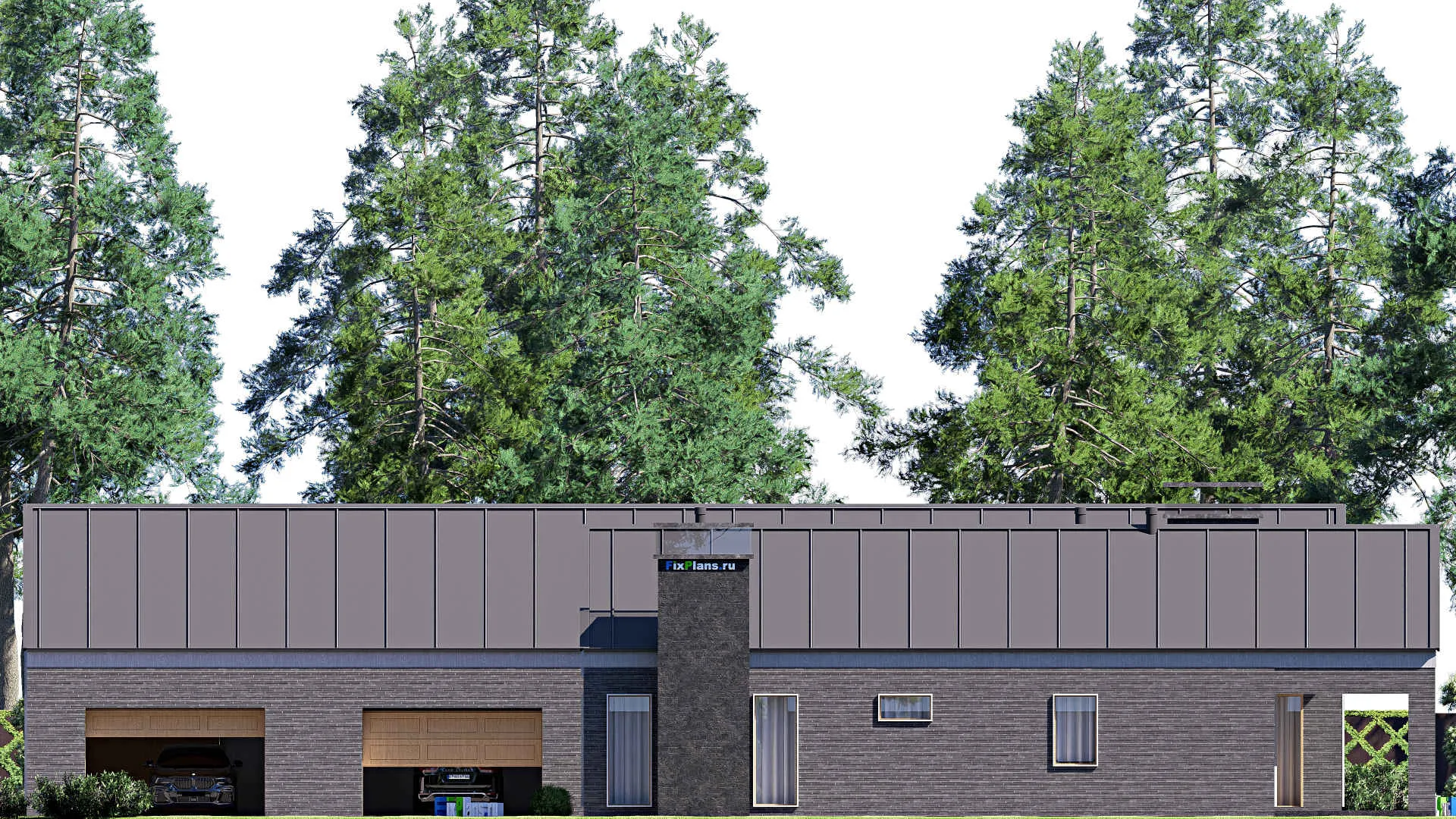 F-20582 - Проект одноэтажного дома 23 на 32, площадью 410 м² с террасой, гаражом на 2 машины и 3 спальнями