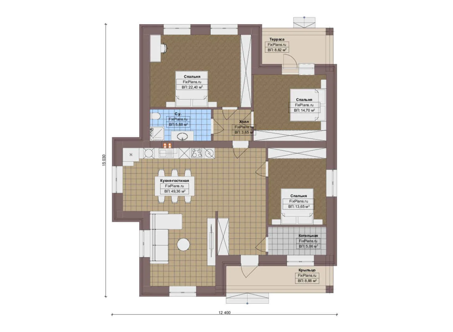 F-19736 - План одноэтажного дома 13 на 16, площадью 140 м² с террасой и 3 спальнями