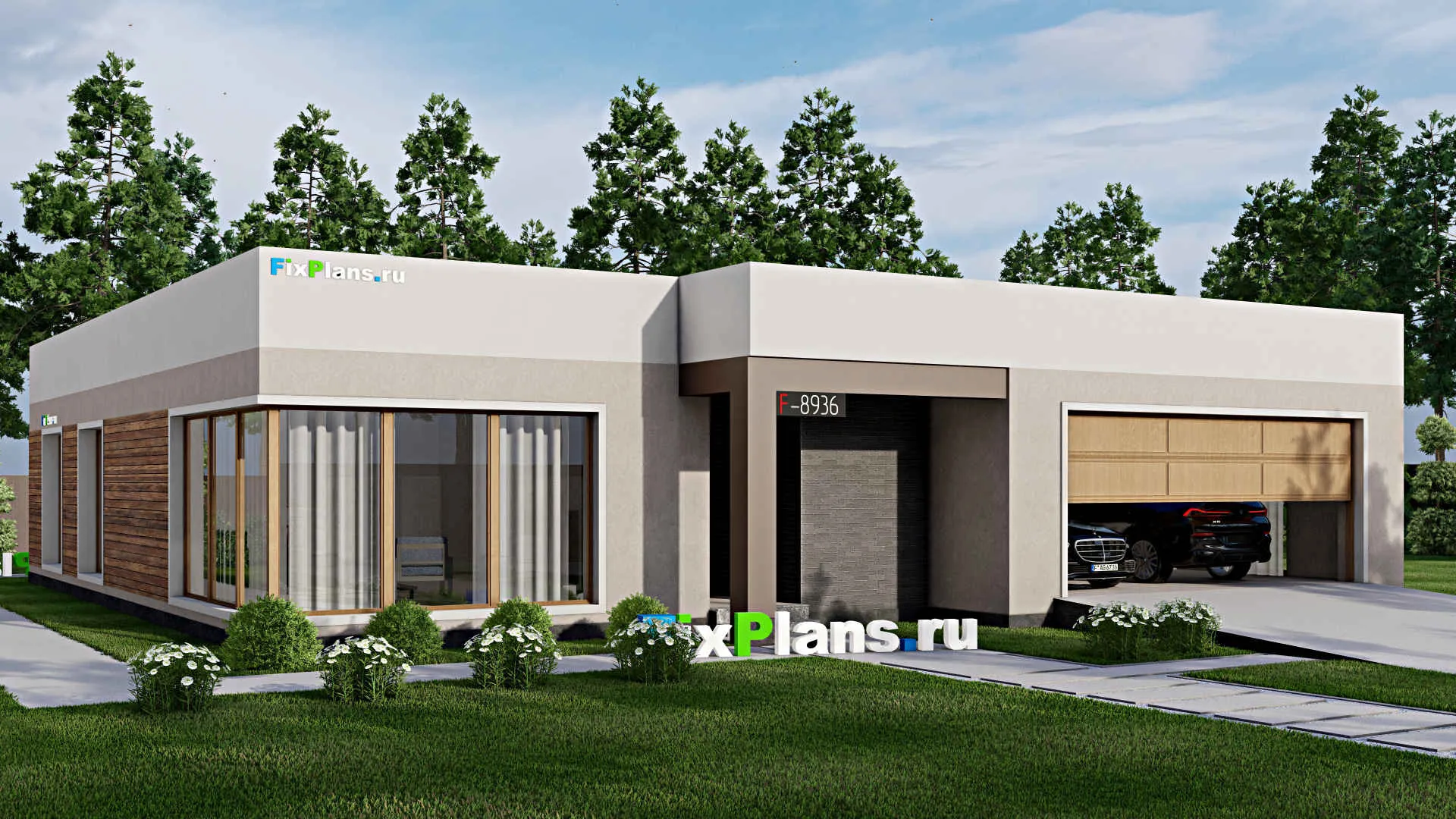 F-8936 - Проект одноэтажного дома 18 на 18, площадью 240 м² с гаражом на 2 машины и 3 спальнями