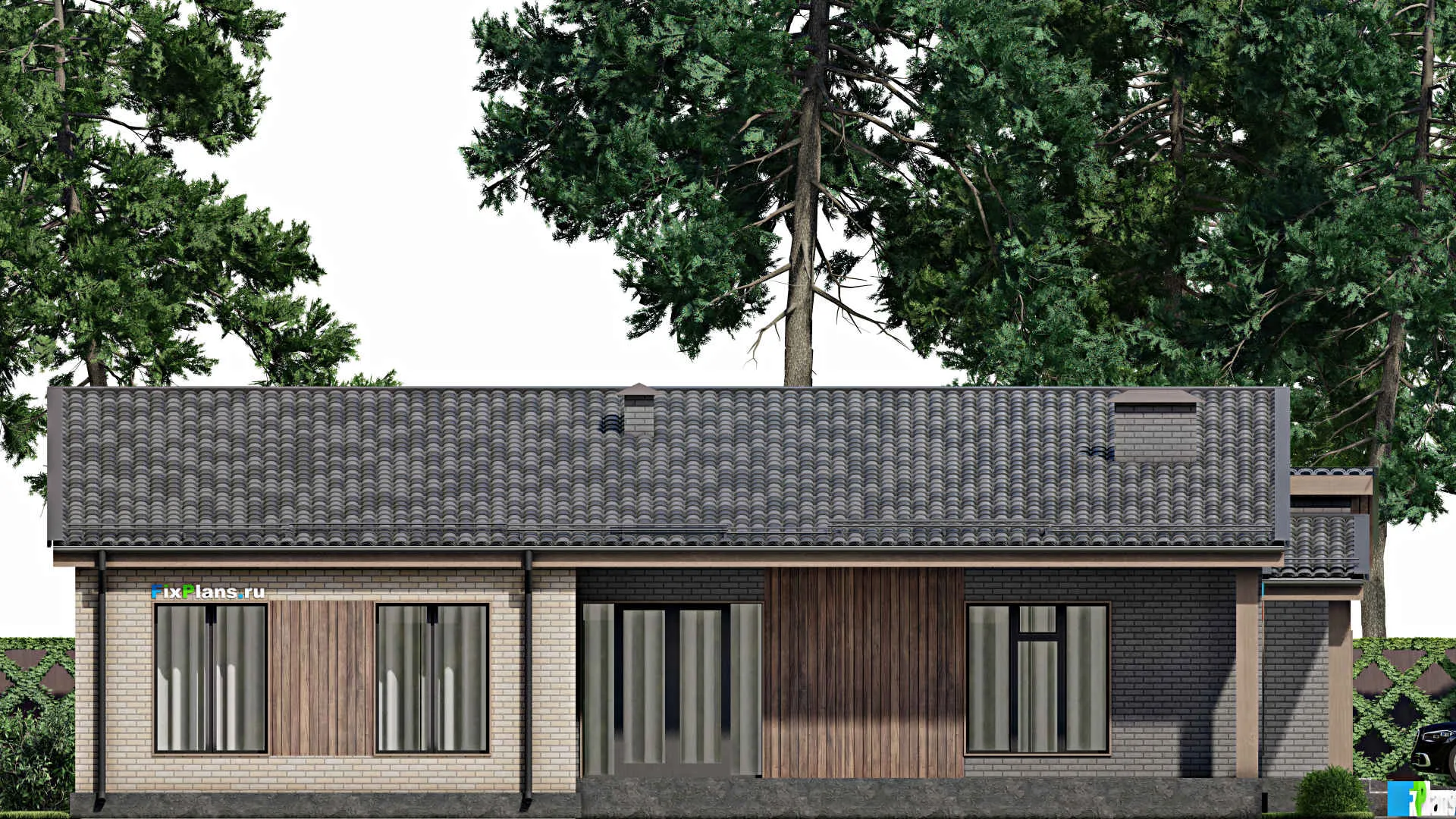 F-5696 - Проект одноэтажного дома 16 на 18, площадью 210 м² с террасой, гаражом на 1 машину и 3 спальнями