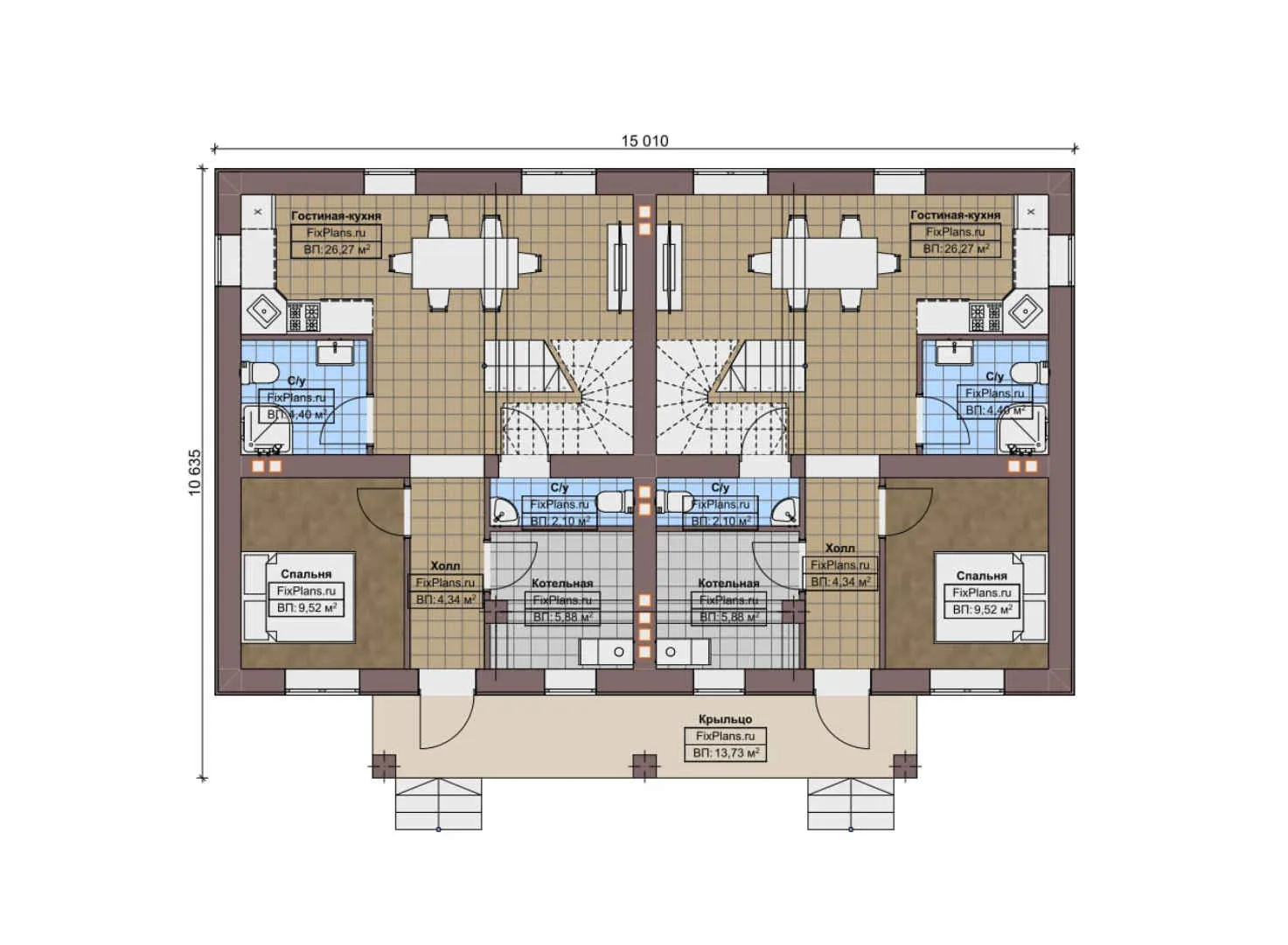 F-7226 - Планы двухэтажного дома 11 на 16, площадью 220 м² с балконом и 10 спальнями