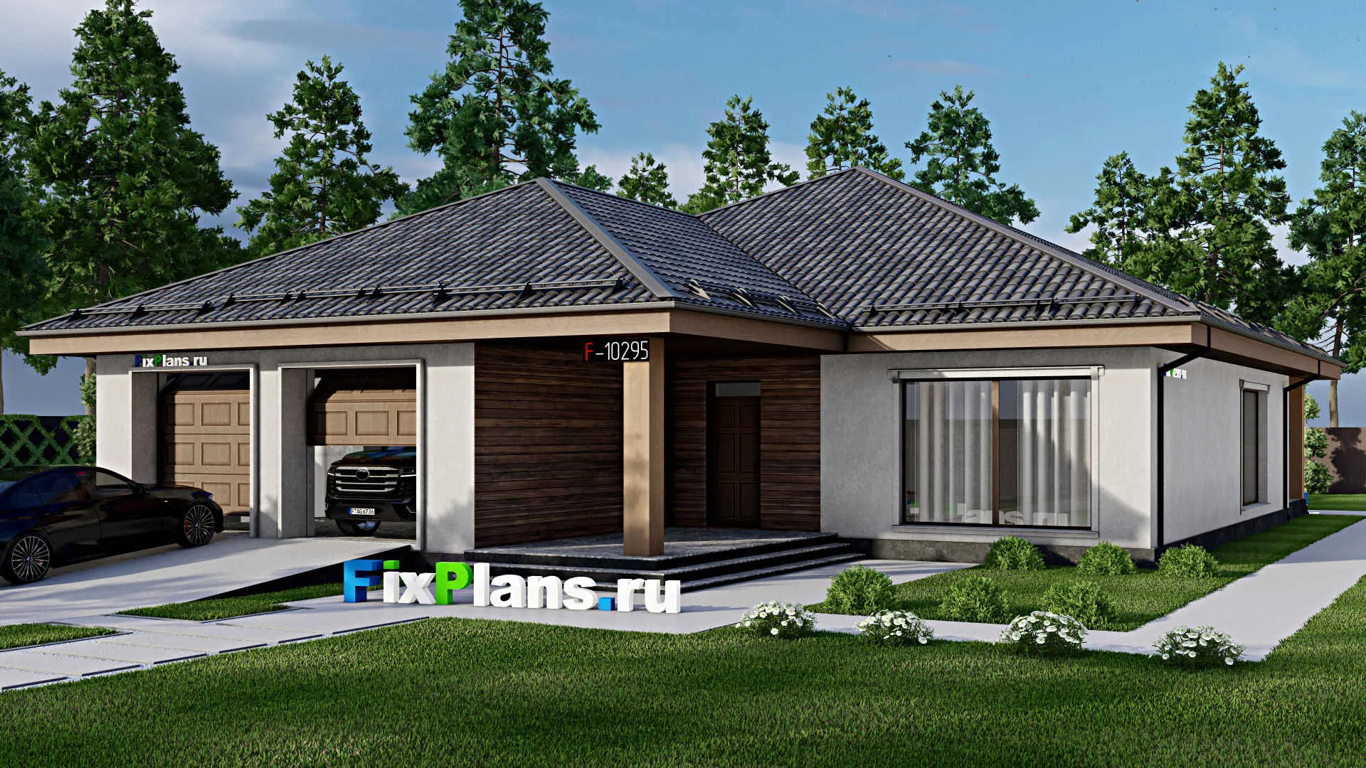 F-10295 - Проект одноэтажного дома 16 на 25, площадью 290 м² с террасой, баней, гаражом на 2 машины и 3 спальнями