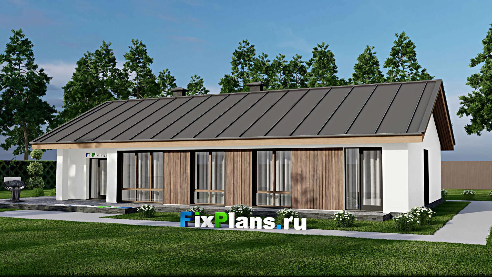 F-10862 - Проект одноэтажного дома 14 на 21, площадью 200 м² с террасой и 3 спальнями
