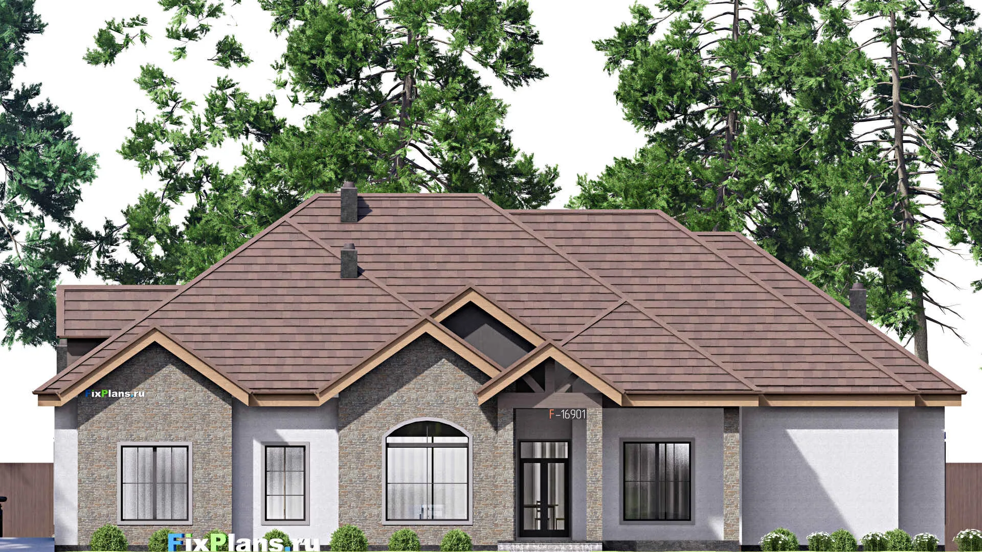 F-16901 - Проект одноэтажного дома 19 на 23, площадью 450 м² с террасой, гаражом на 2 машины и 4 спальнями